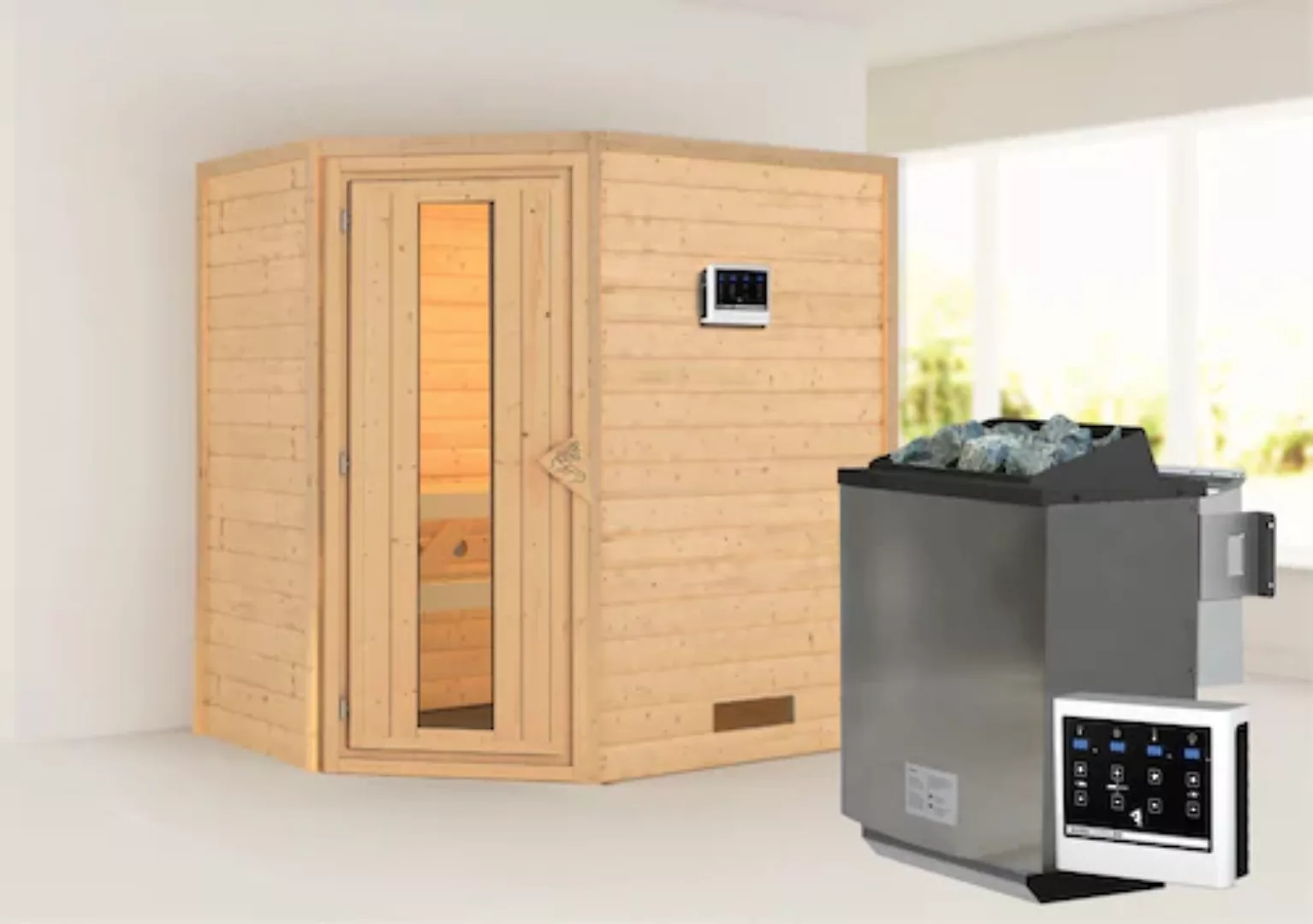 Karibu Sauna »Svea (Eckeinstieg)«, inklusive Ofenschutzgitter und Tür günstig online kaufen
