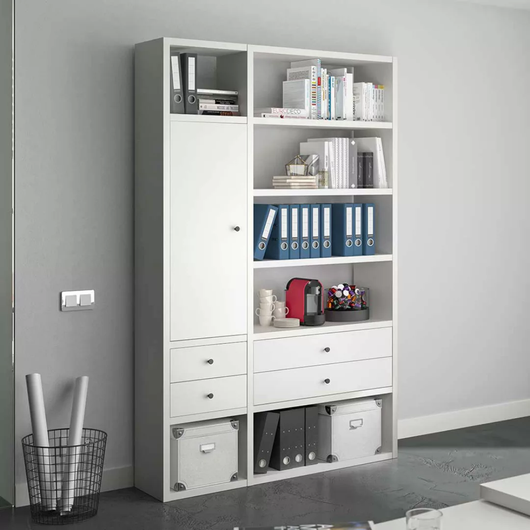 Weißes Arbeitszimmer Regal mit vier Schubladen 140 cm breit günstig online kaufen