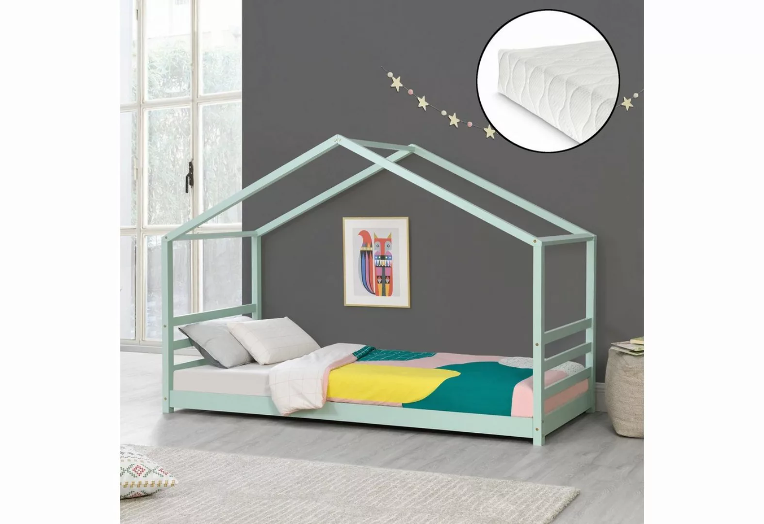 en.casa Kinderbett, Vardø Hausbett mit Matratze 90x200cm Minze günstig online kaufen