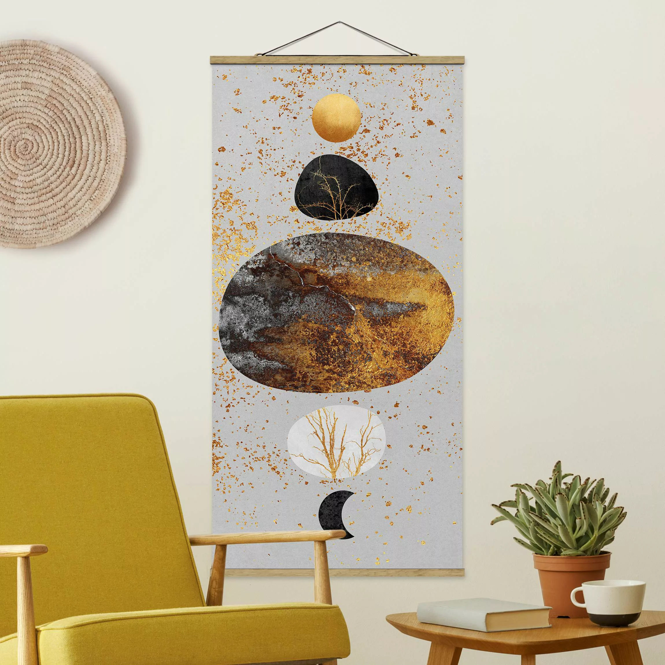 Stoffbild Abstrakt mit Posterleisten - Hochformat Sonne und Mond in Goldgla günstig online kaufen