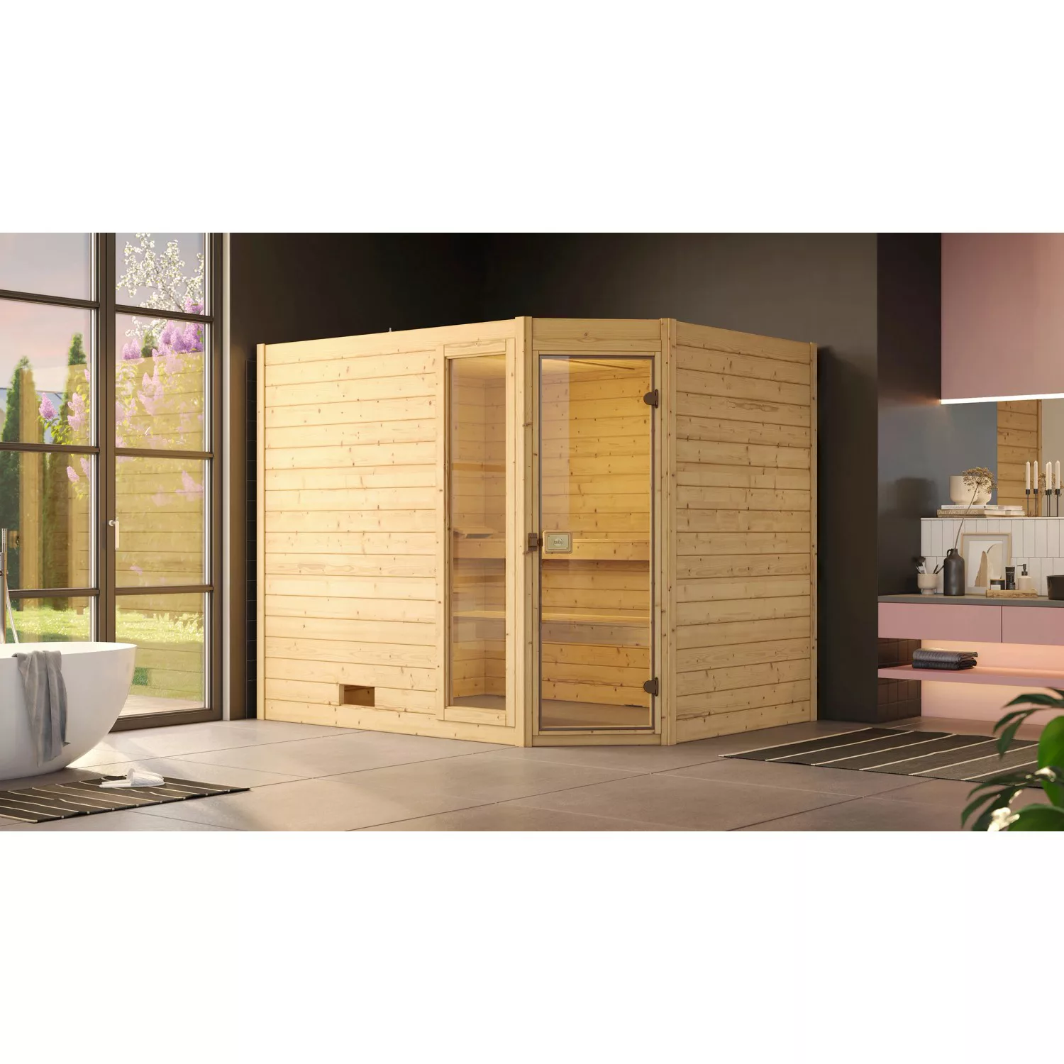 Weka Massivholzsauna Valida Eck 3 Sparset 9,0 kW Kompakt Glastür/Fenster günstig online kaufen