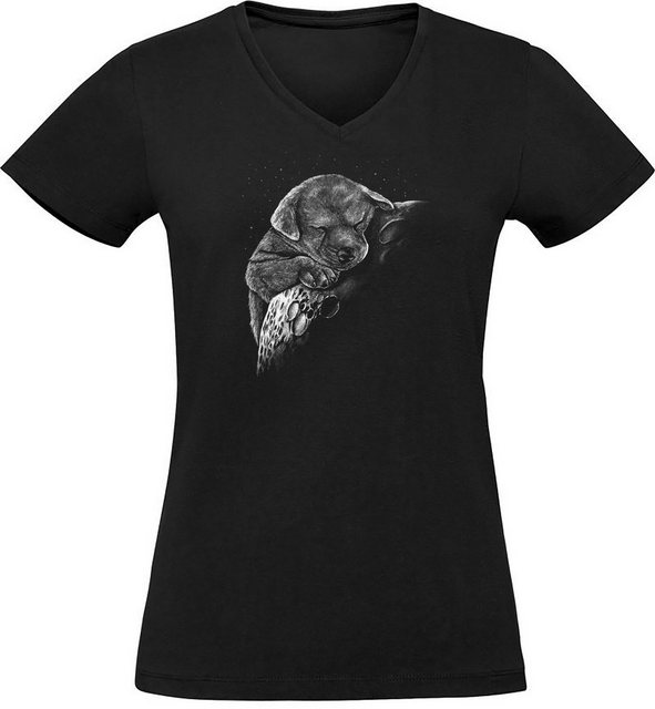 MyDesign24 T-Shirt Damen Hunde Print Shirt - Hundewelpe schlafend auf Mond günstig online kaufen