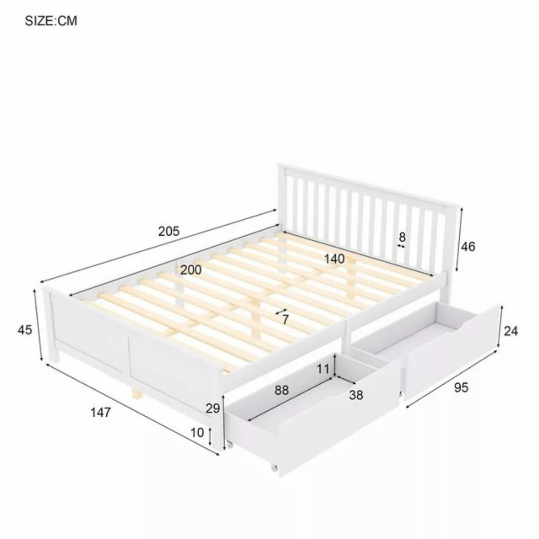 Ulife Massivholzbett Weiß Kiefer Einzelbett mit 2 Schubladen, 140 X 200 cm günstig online kaufen