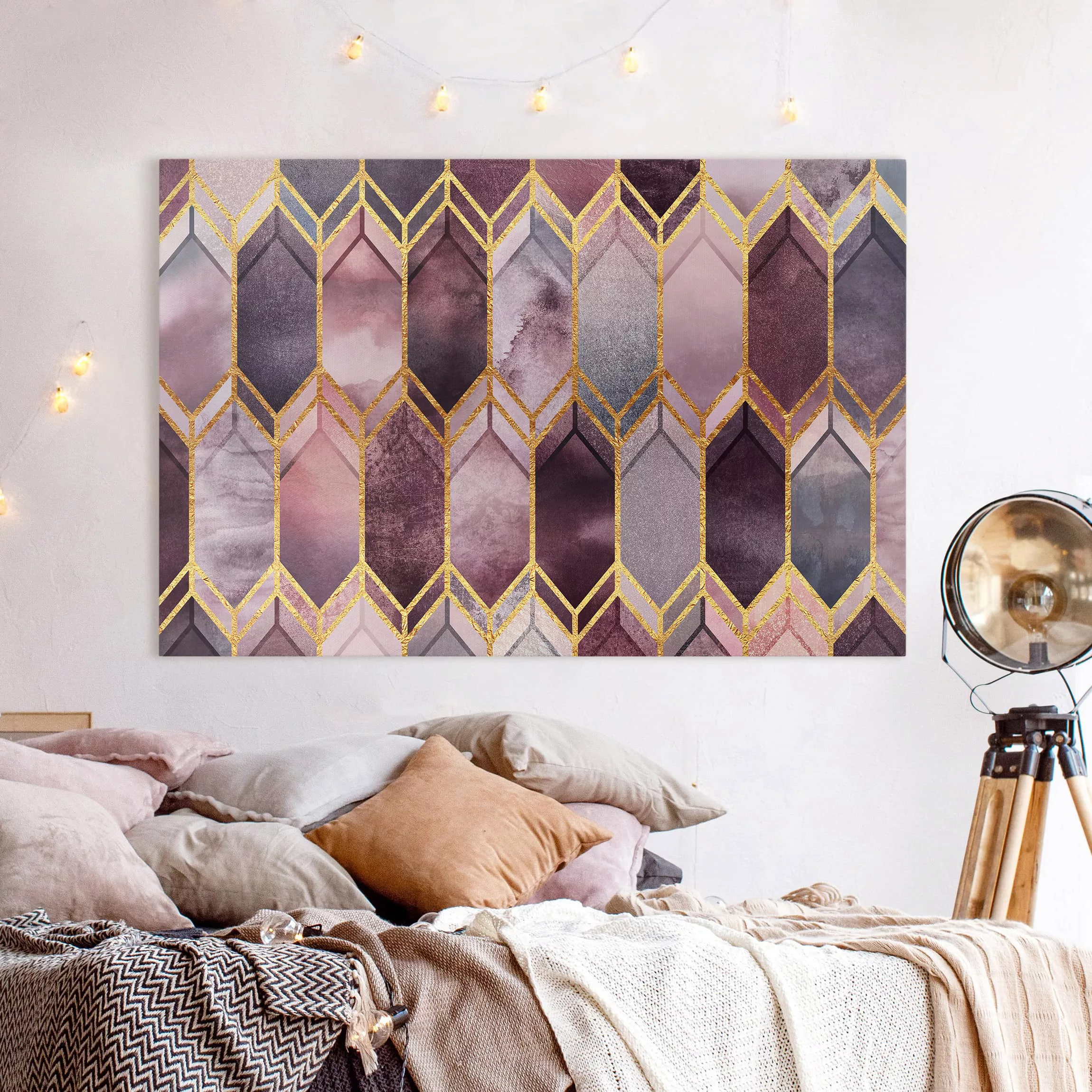 Leinwandbild Abstrakt - Querformat Glasmalerei geometrisch Rosé Gold günstig online kaufen