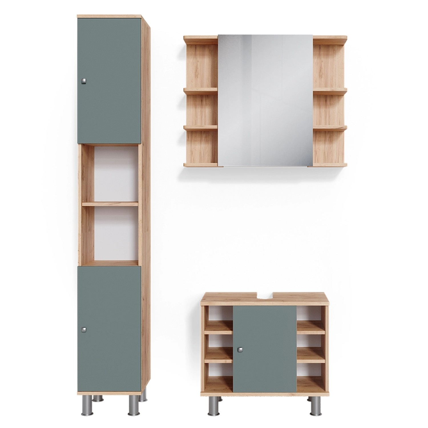 Vicco Badmöbel-Set Fynn Grün/Goldkraft Eiche 3 Teile mit Hochschrank günstig online kaufen
