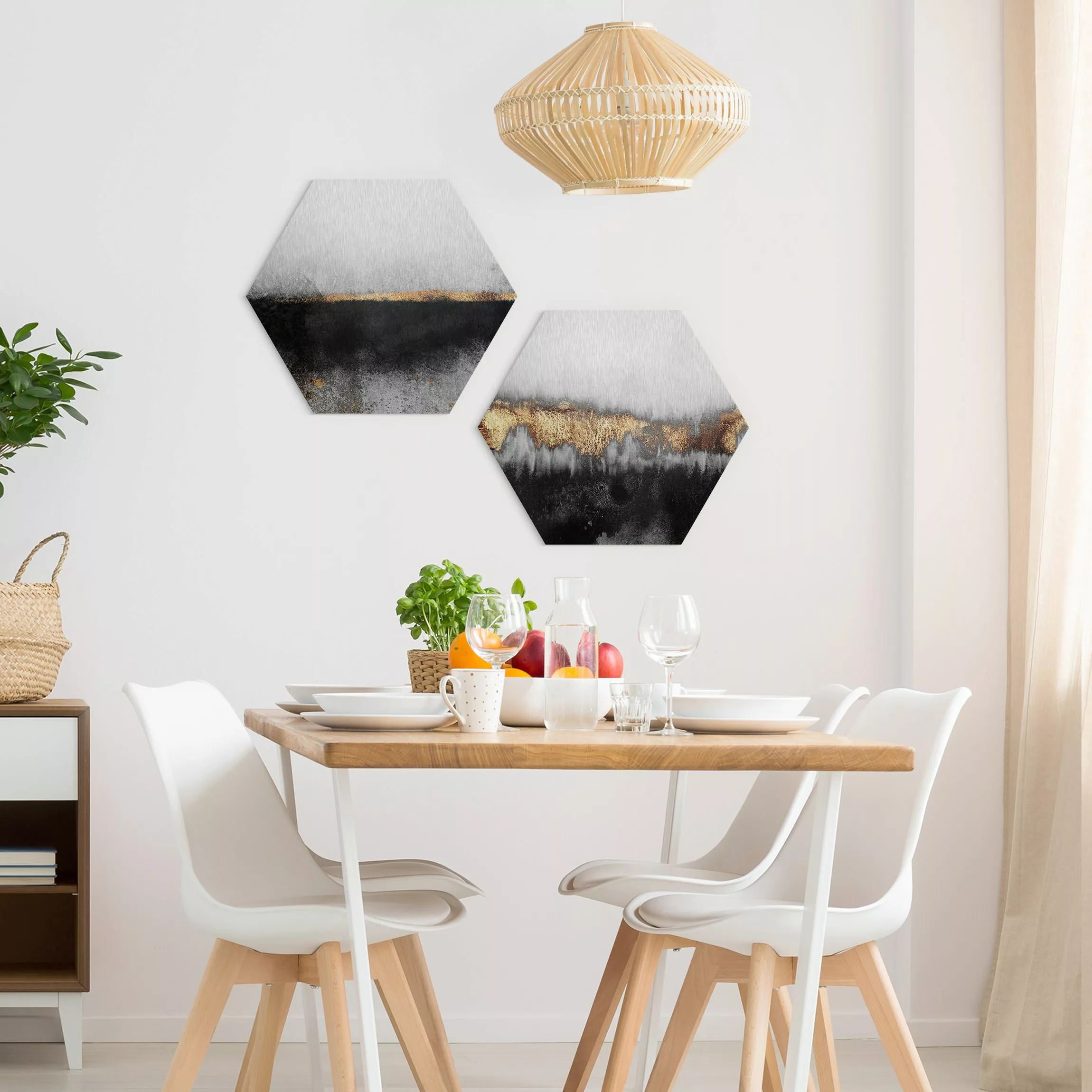 2-teiliges Hexagon-Alu-Dibond Bild Abstrakte Goldene Horizonte in Aquarell günstig online kaufen