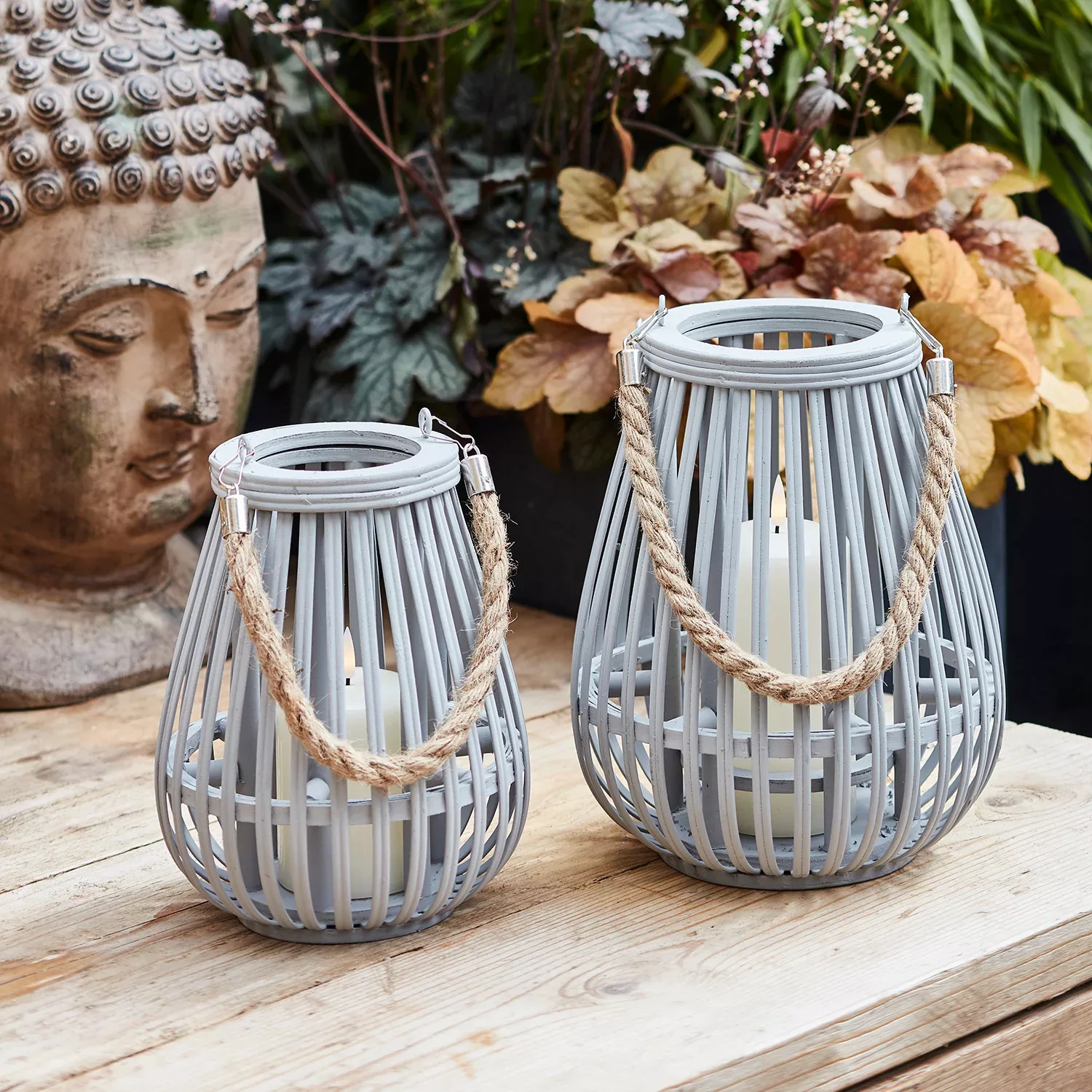 Große Fraser Bambus Laterne in Grau mit TruGlow® Outdoor Kerze günstig online kaufen