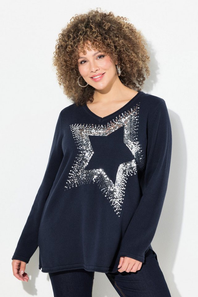 Ulla Popken Strickpullover Pullover Pailletten-Stern V-Ausschnitt Langarm günstig online kaufen