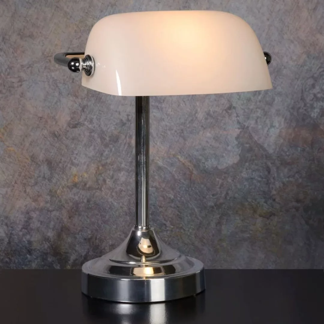 Schreibtischlampe Banker mit weißem Glas, E14 günstig online kaufen