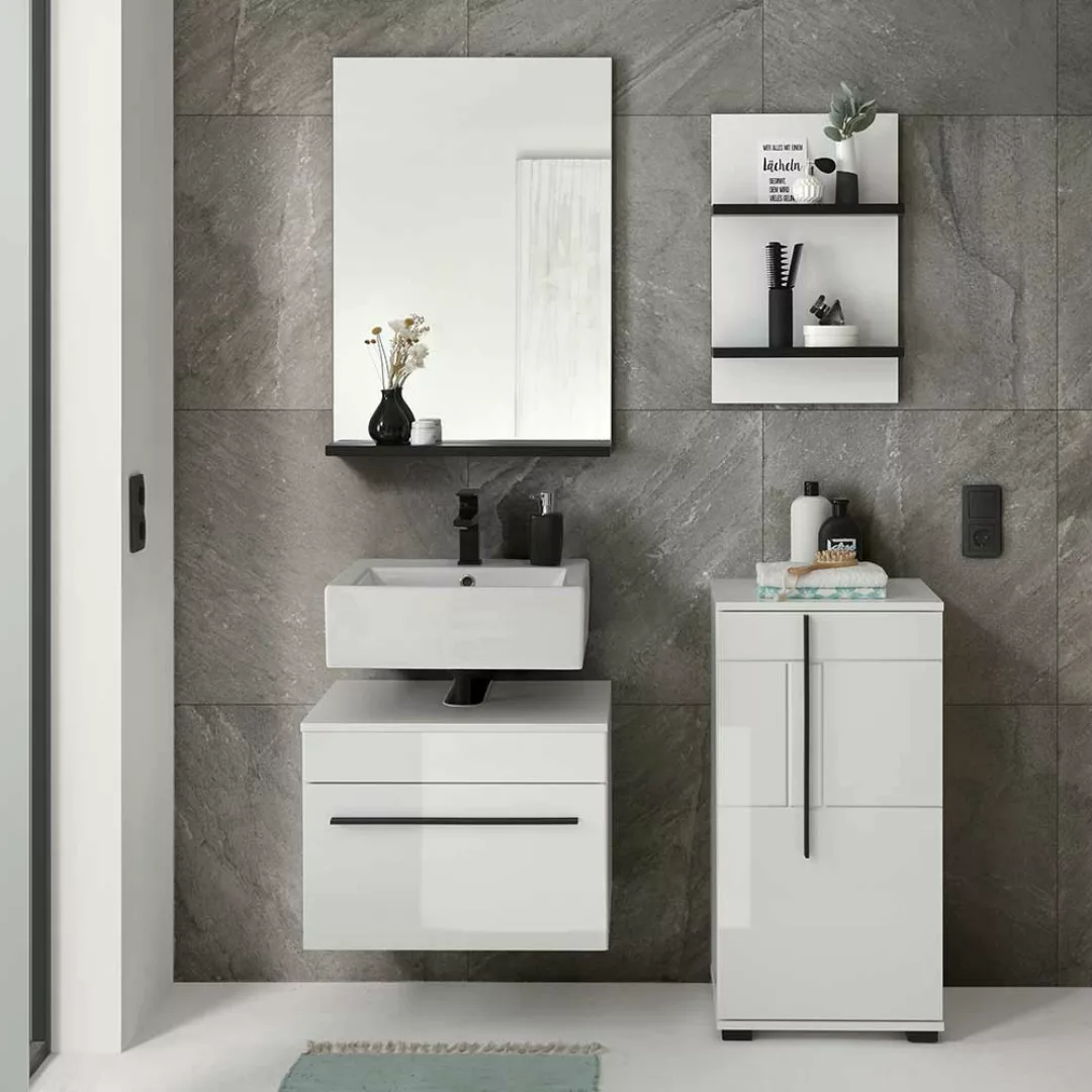 Badezimmerset mit Spiegel und Regal Weiß hochglänzend (vierteilig) günstig online kaufen