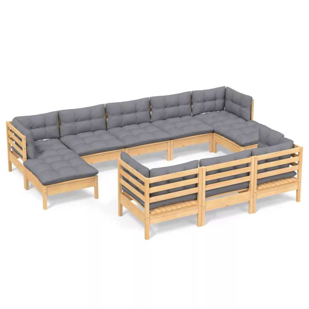 10-tlg. Garten-lounge-set Mit Grauen Kissen Kiefer Massivholz günstig online kaufen