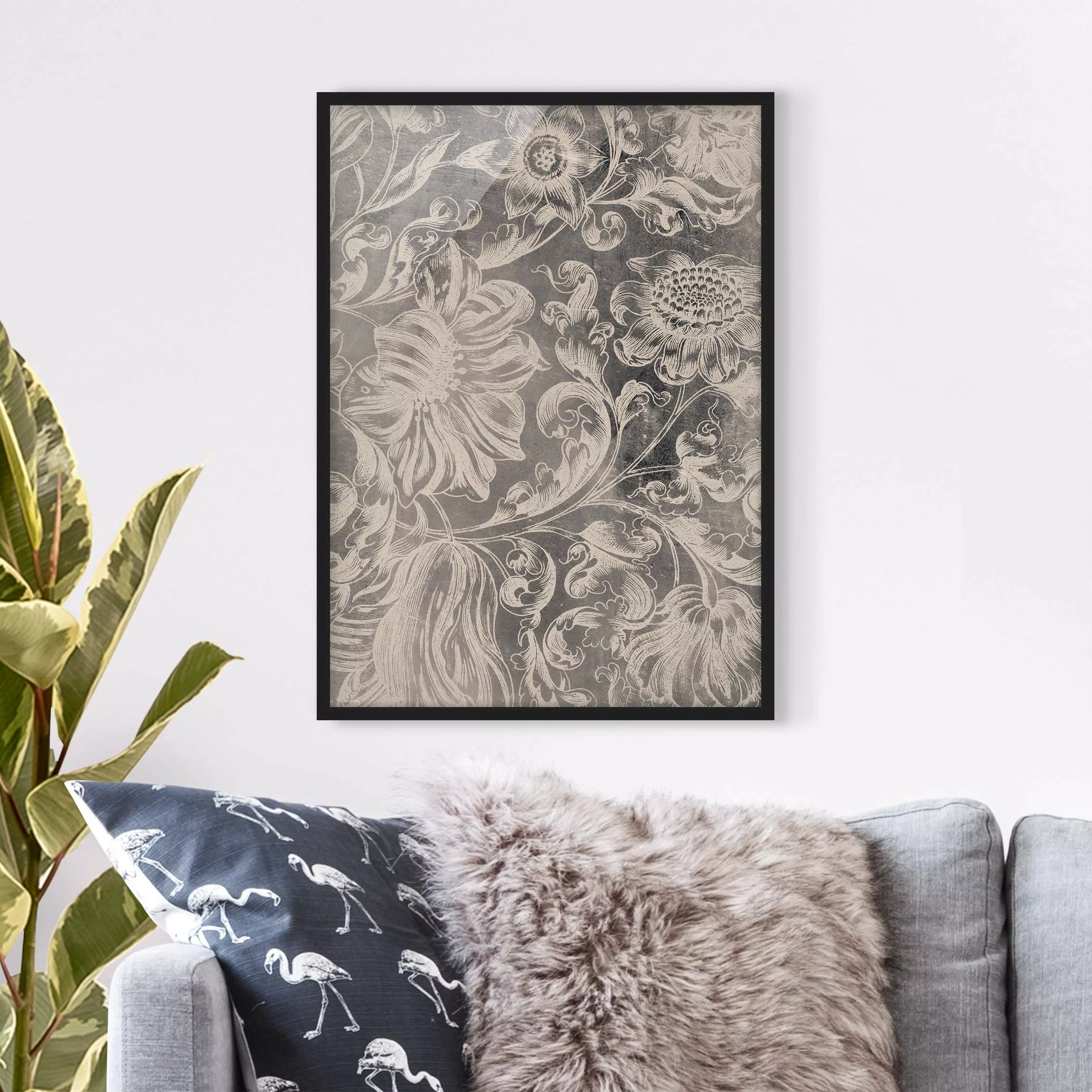Bild mit Rahmen Kunstdruck - Hochformat Verblühtes Blumenornament II günstig online kaufen