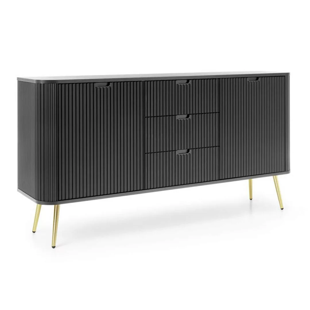 Sideboard in schwarz mit Rillen, Füße gold, ZARA-160 günstig online kaufen