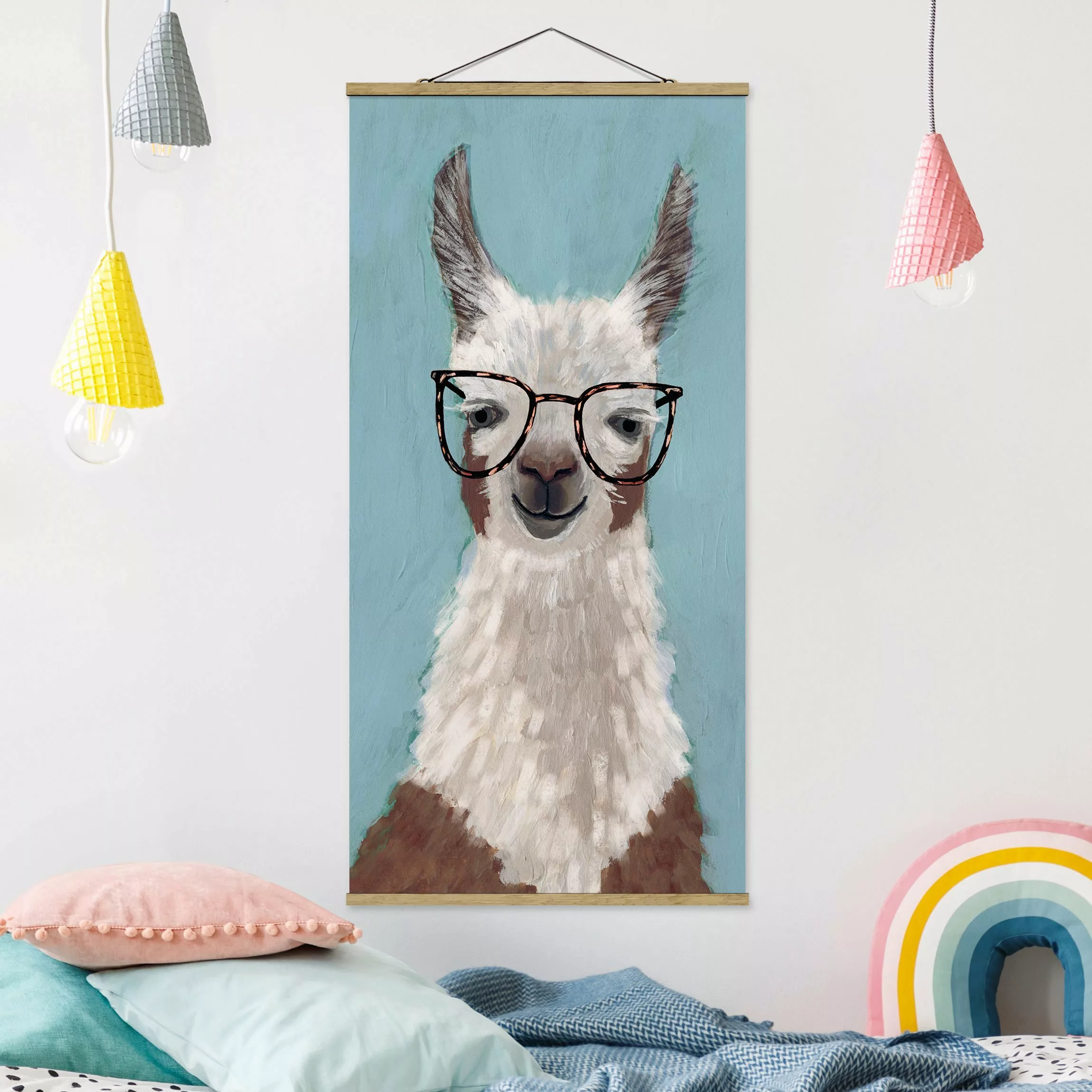 Stoffbild Tiere mit Posterleisten - Hochformat Lama mit Brille II günstig online kaufen