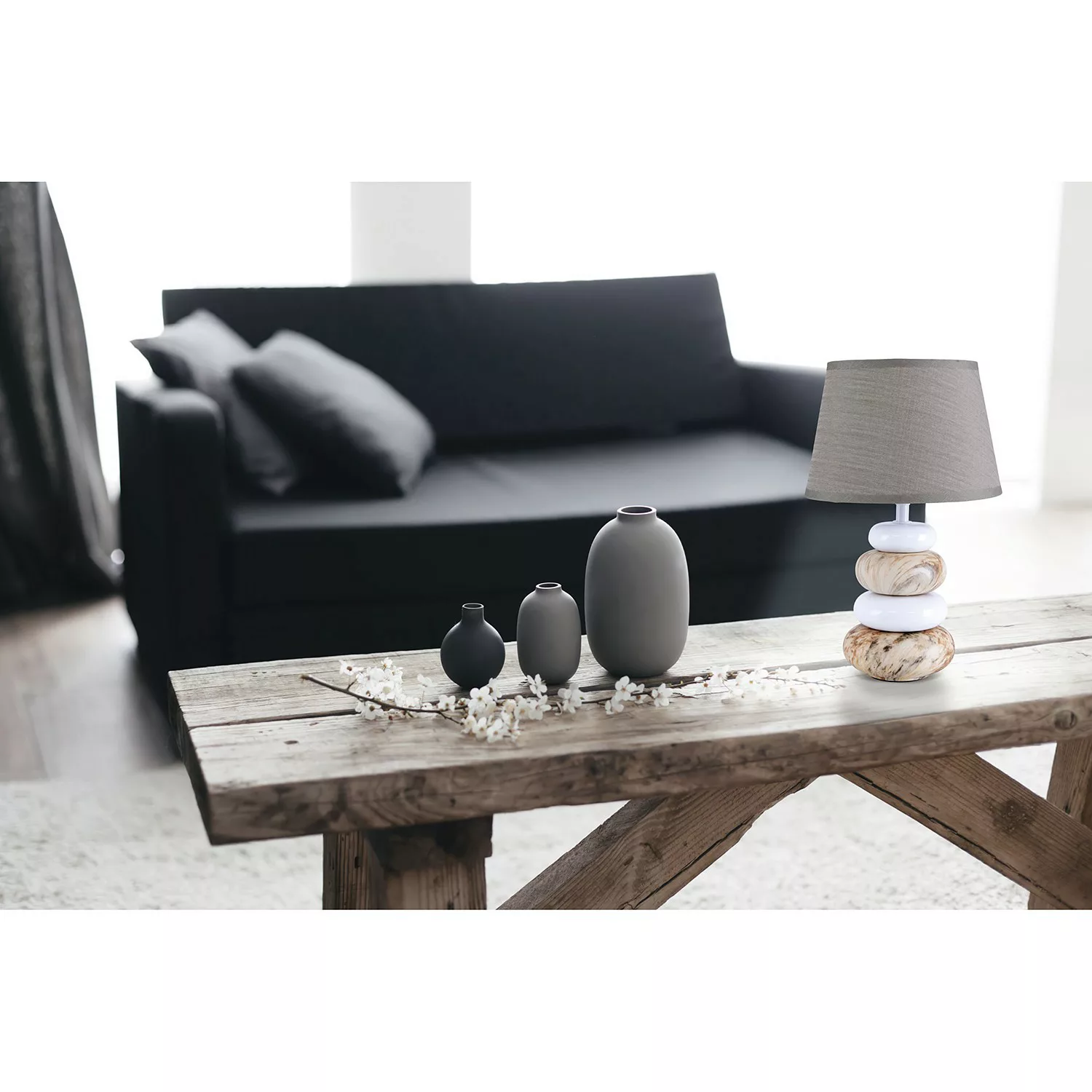 Näve Tischleuchte Stoney aus Keramik 31 cm Grau günstig online kaufen