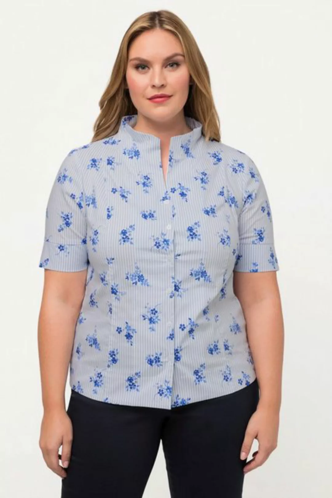 Ulla Popken Longbluse Bluse Blüten Streifen Kelchkragen Halbarm günstig online kaufen