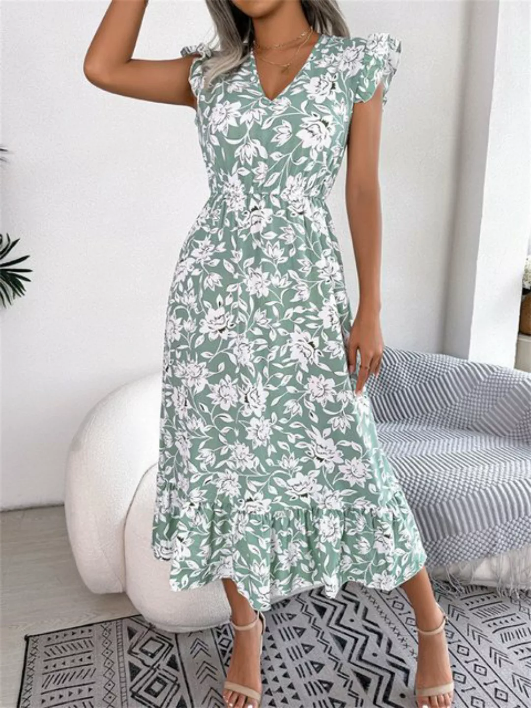 RUZU UG Dirndl Lässiges langes Kleid mit Blumentaille für den Urlaub günstig online kaufen