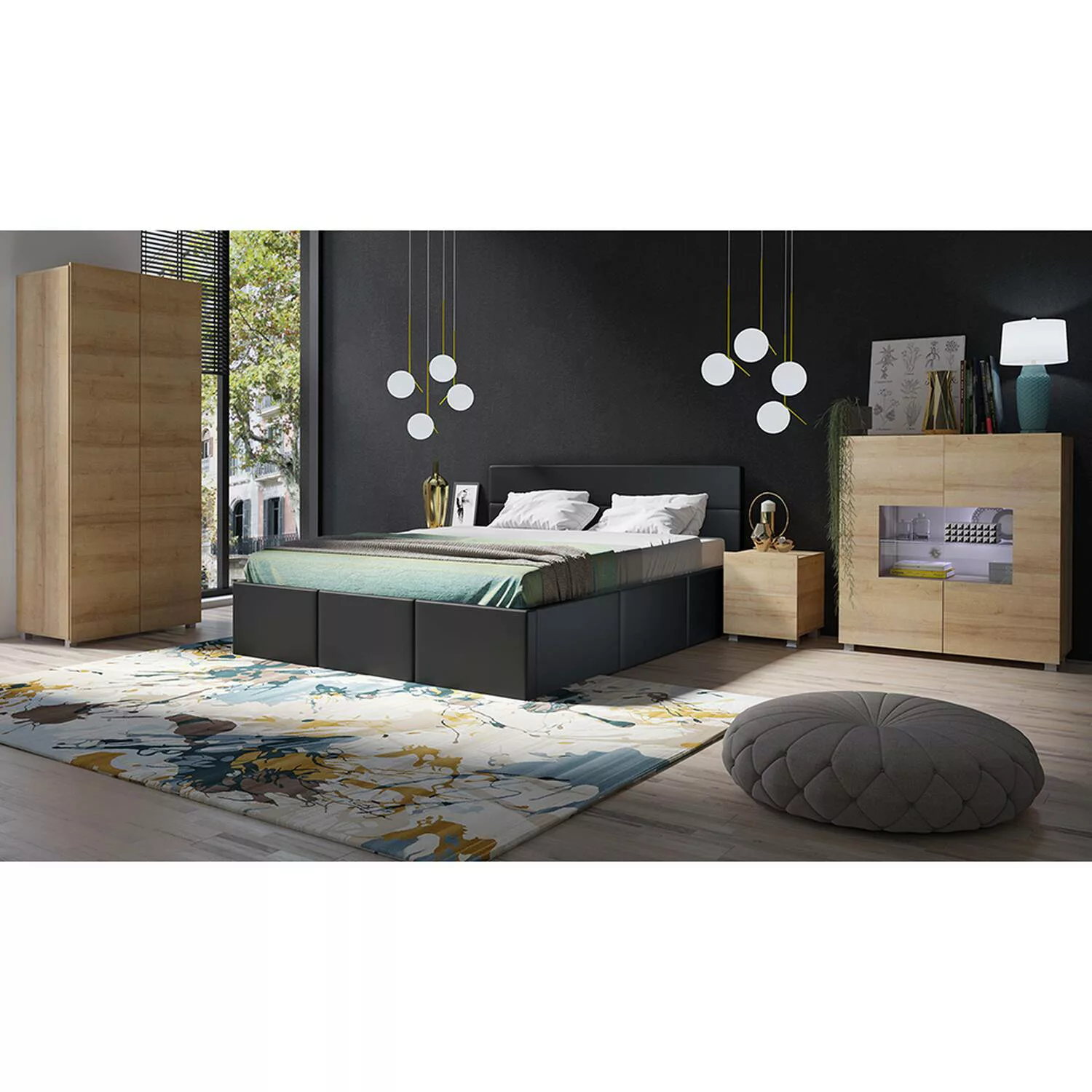 Schlafzimmer Komplett Set mit schwarzem Polsterbett in Eiche Gold Nb. CAIRN günstig online kaufen