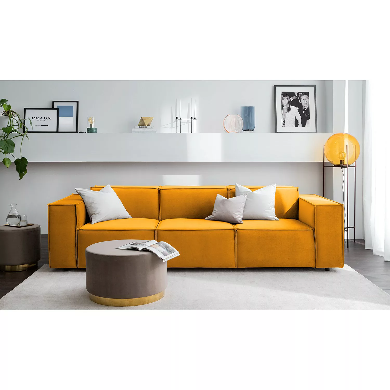 home24 Sofa Kinx II 3-Sitzer Senfgelb Samt 260x71x96 cm (BxHxT) Glamour günstig online kaufen
