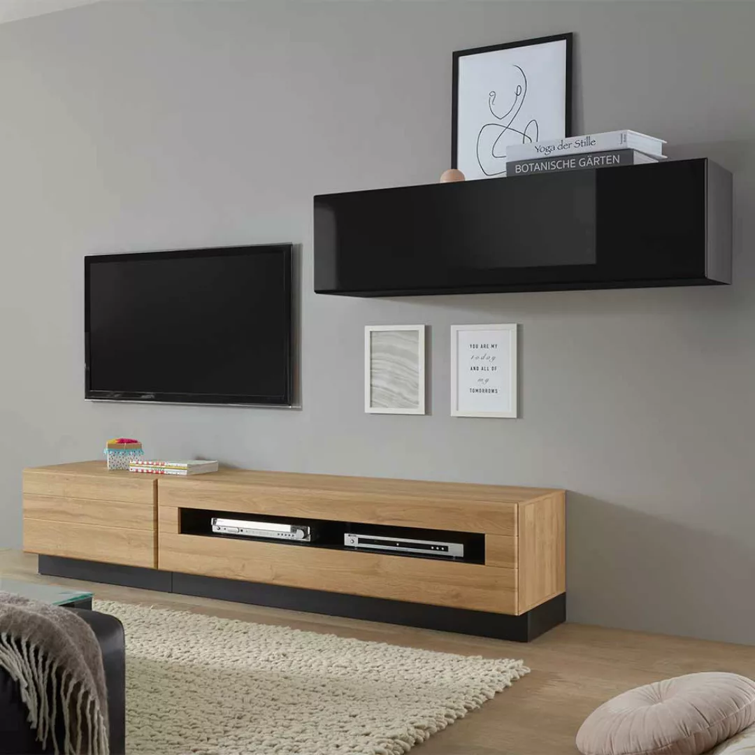 Wohnzimmer Anbauwand in Schwarz Hochglanz und Wildeiche Optik modern (dreit günstig online kaufen