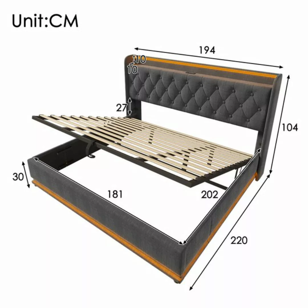 KoDise Polsterbett mit USB Typ-C Ladefunktion, LED Funktion 180x200cm, Grau günstig online kaufen