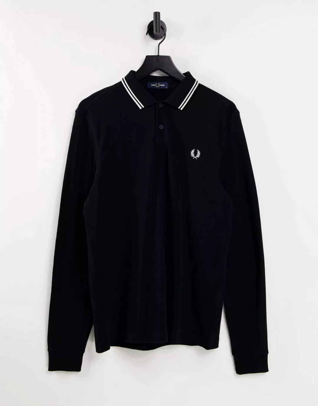 Fred Perry – Langärmliges Polohemd in Schwarz mit doppelten Zierstreifen günstig online kaufen