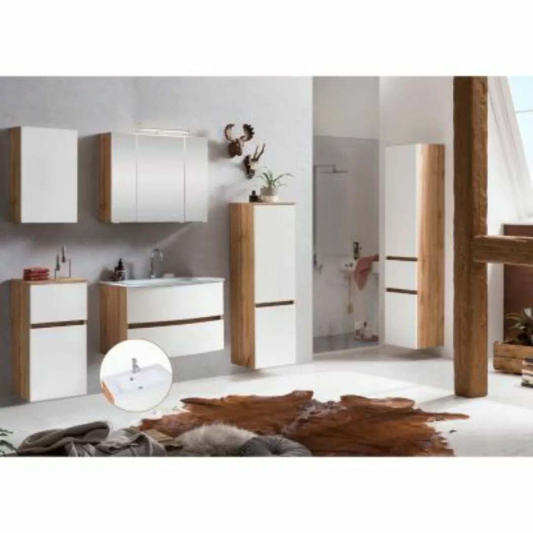 Lomadox Badezimmermöbel Set inkl. Glasbecken weiß LAURIA-03 in Wotaneiche N günstig online kaufen