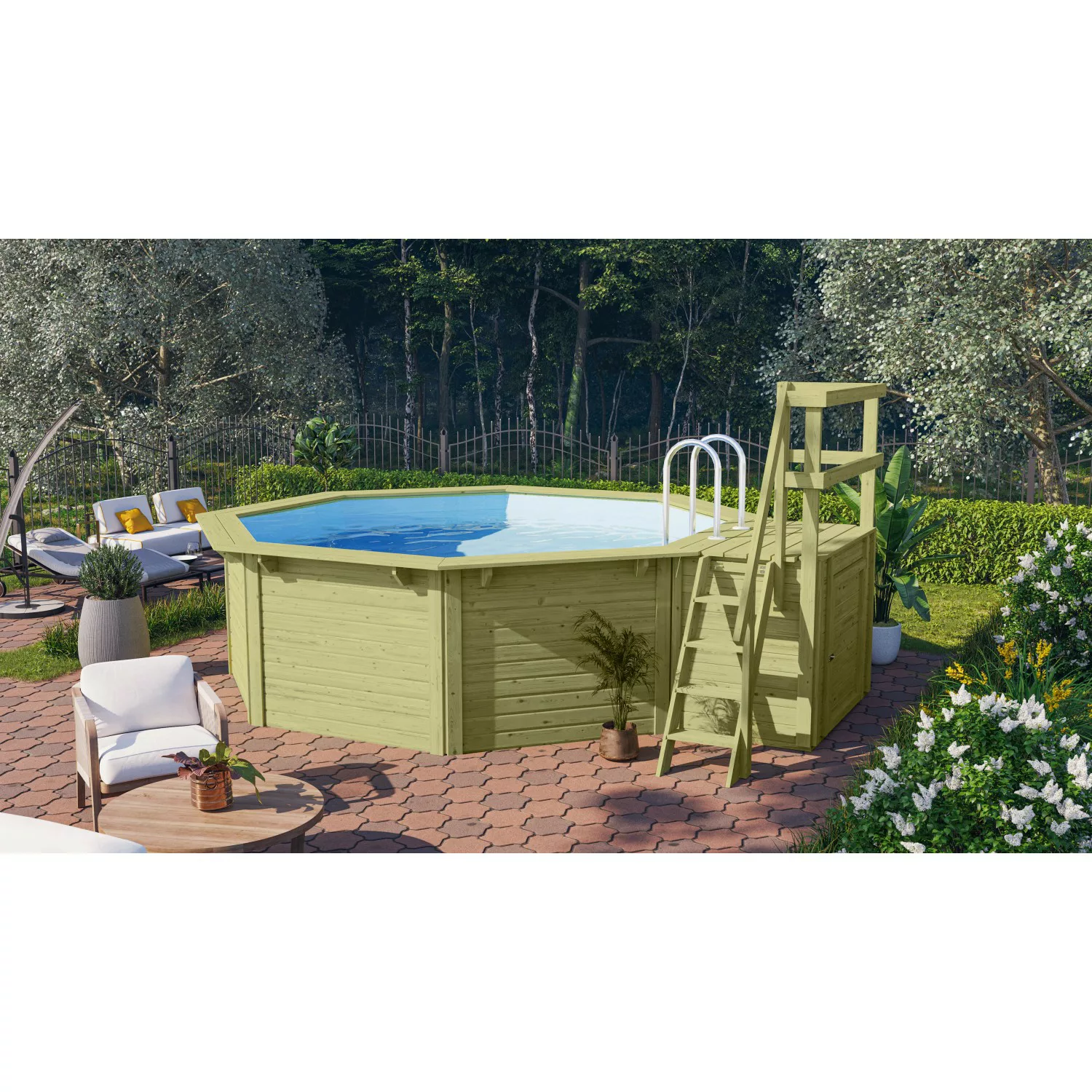 Karibu Pool X1 inkl. Terrasse Wassergrau Innenhülle Blau günstig online kaufen