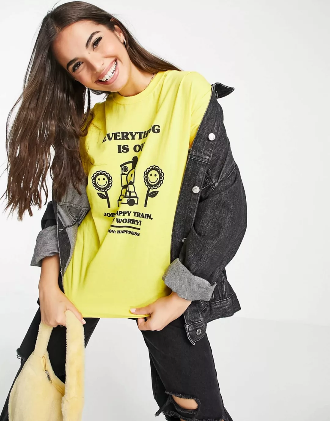 Daisy Street – T-Shirt mit legerem Schnitt und Aufdruck mit Glücklicher-Zug günstig online kaufen