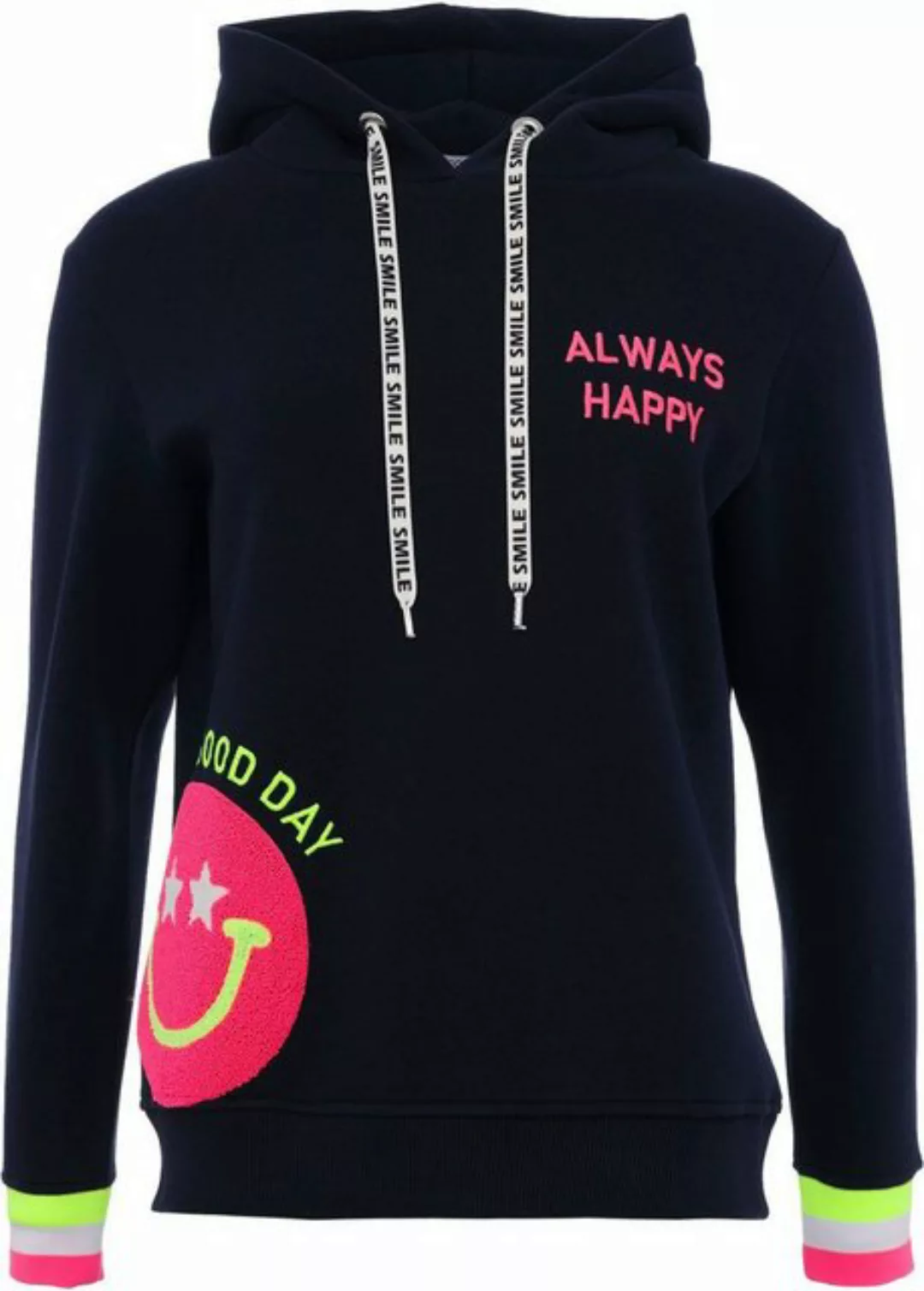 Zwillingsherz Hoodie Always Happy mit Smiley Aufdruck aus Frottee und Neon günstig online kaufen