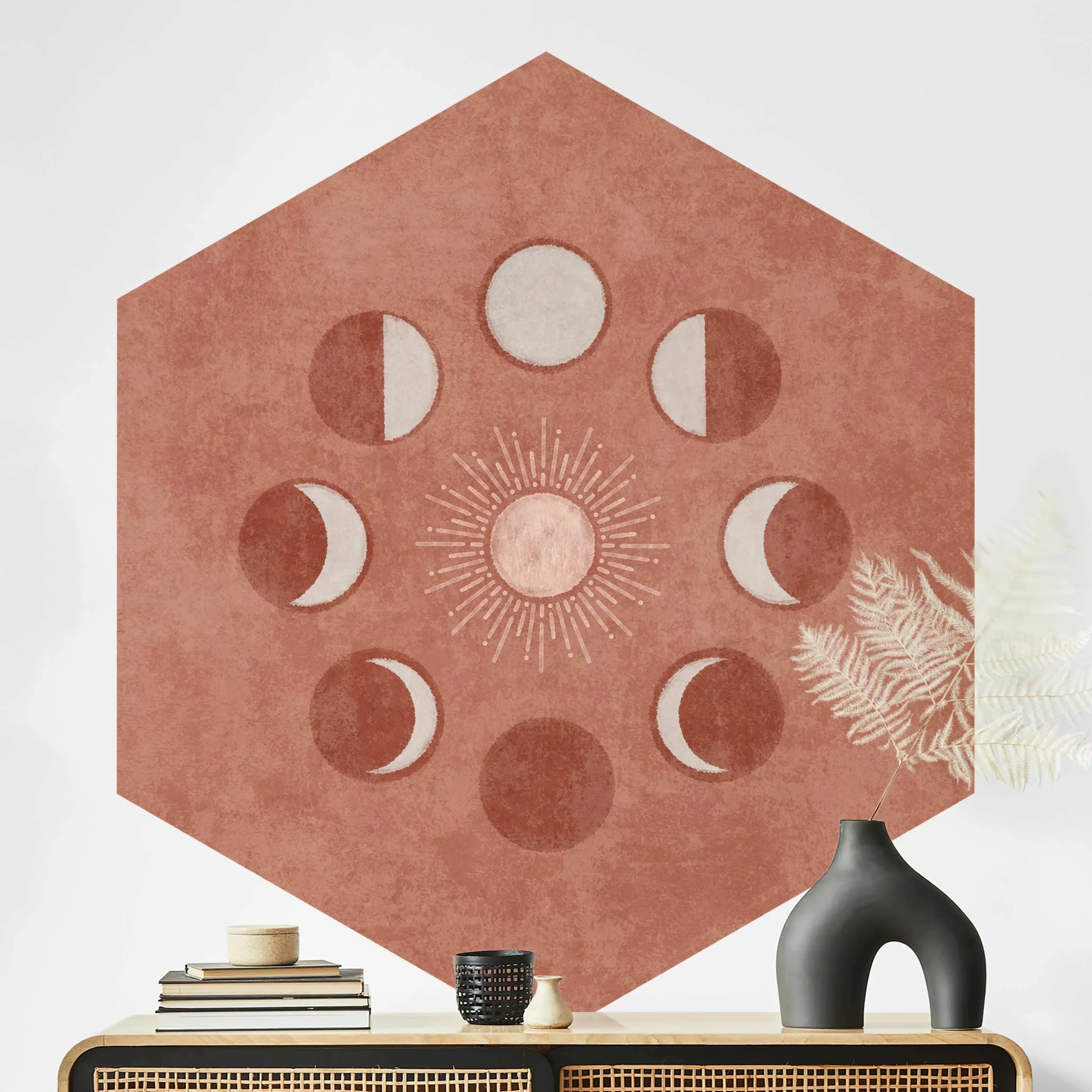 Hexagon Tapete selbstklebend Boho Mondphasen mit Sonne günstig online kaufen