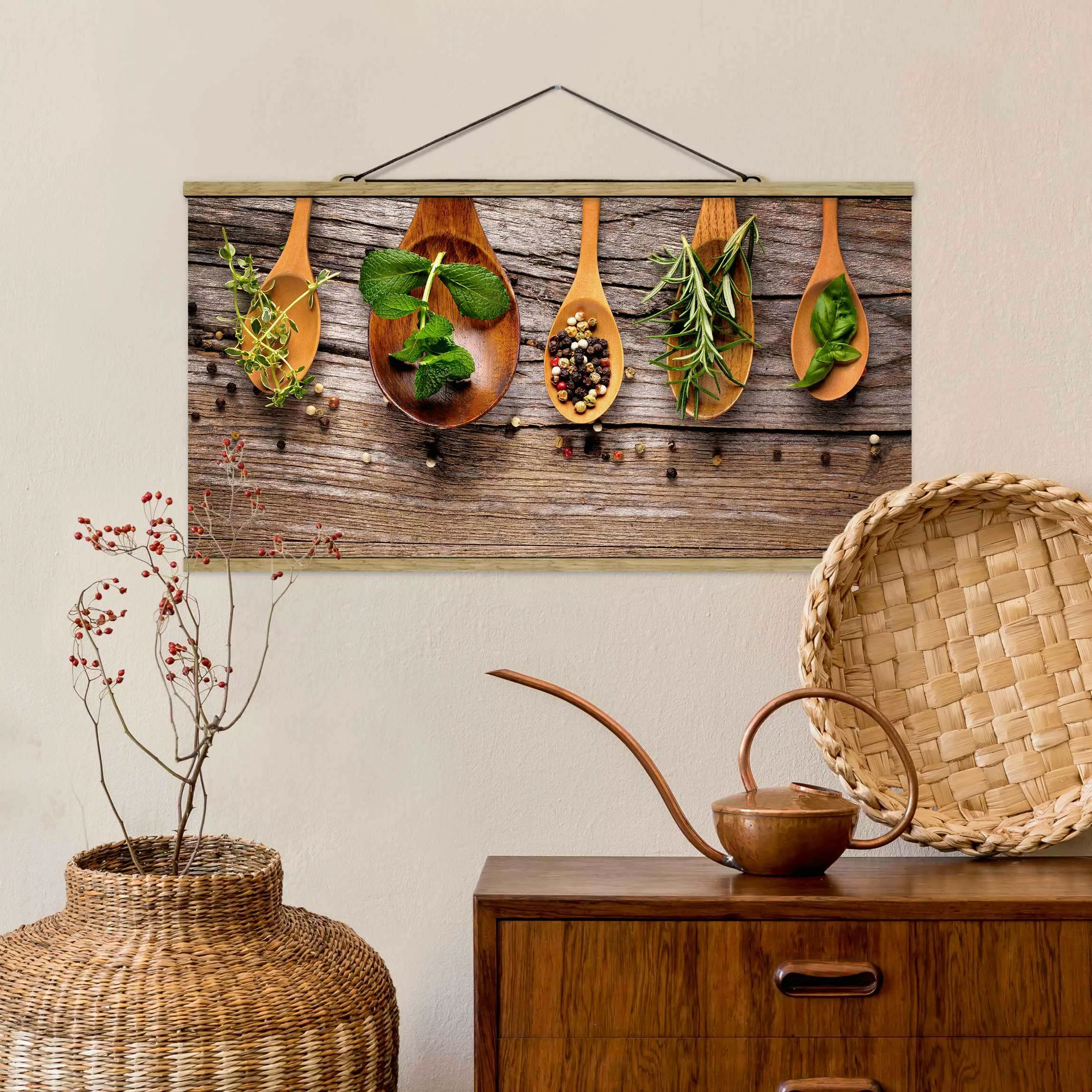 Stoffbild Küche mit Posterleisten - Querformat Kräuter und Gewürze günstig online kaufen