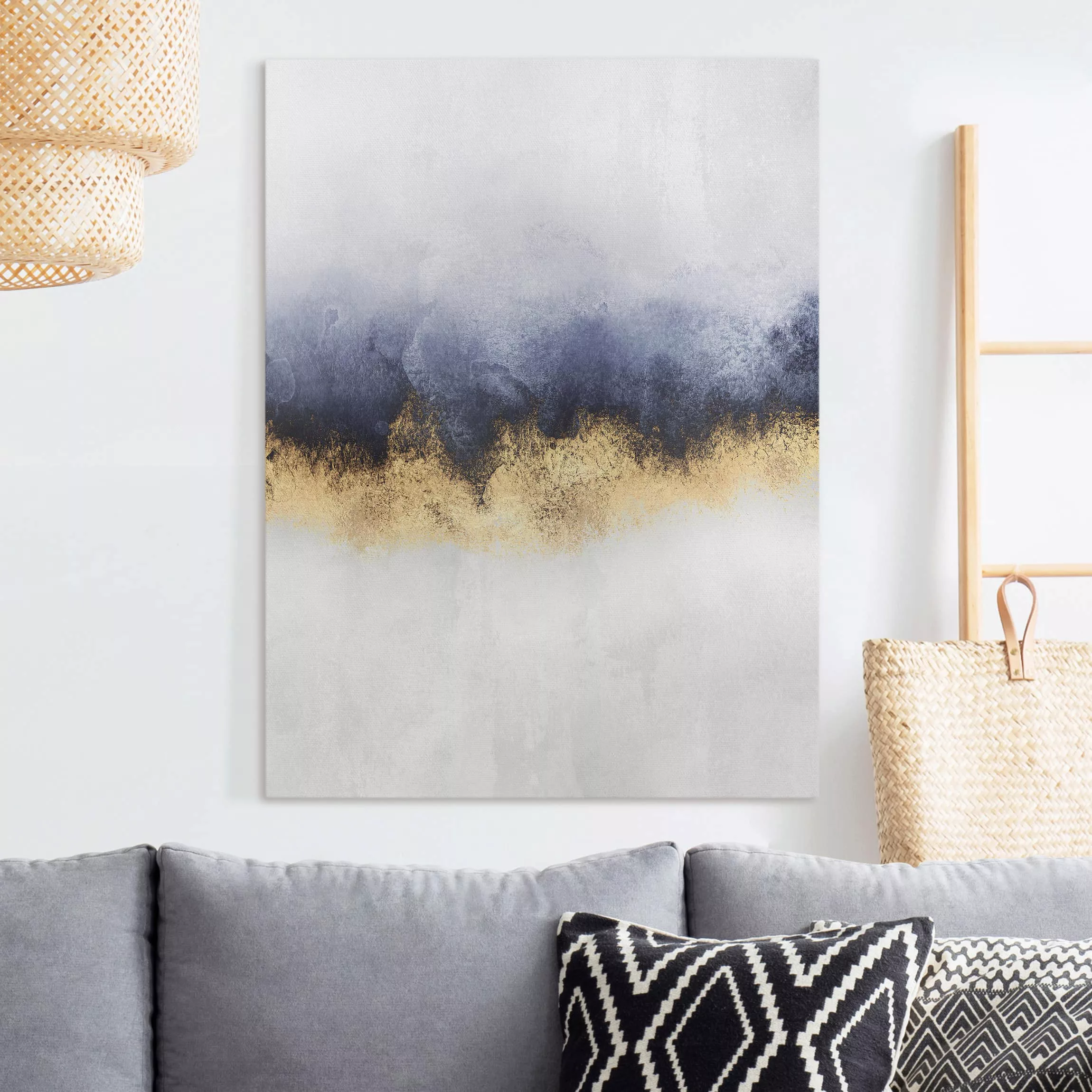 Leinwandbild Abstrakt - Hochformat Wolkenhimmel mit Gold günstig online kaufen