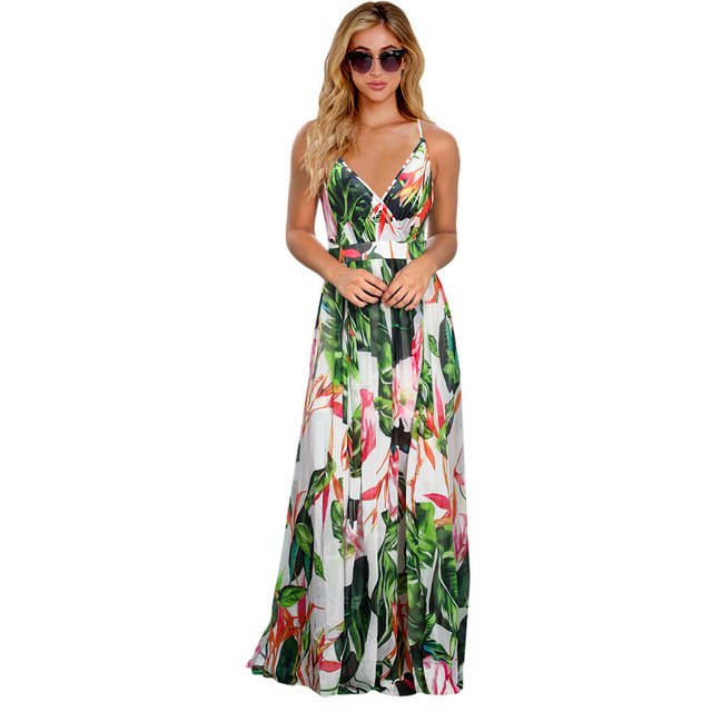 Mayou Strandkleid Damen Blumen Ärmellos V-Ausschnitt Boho Strandkleid Lang günstig online kaufen