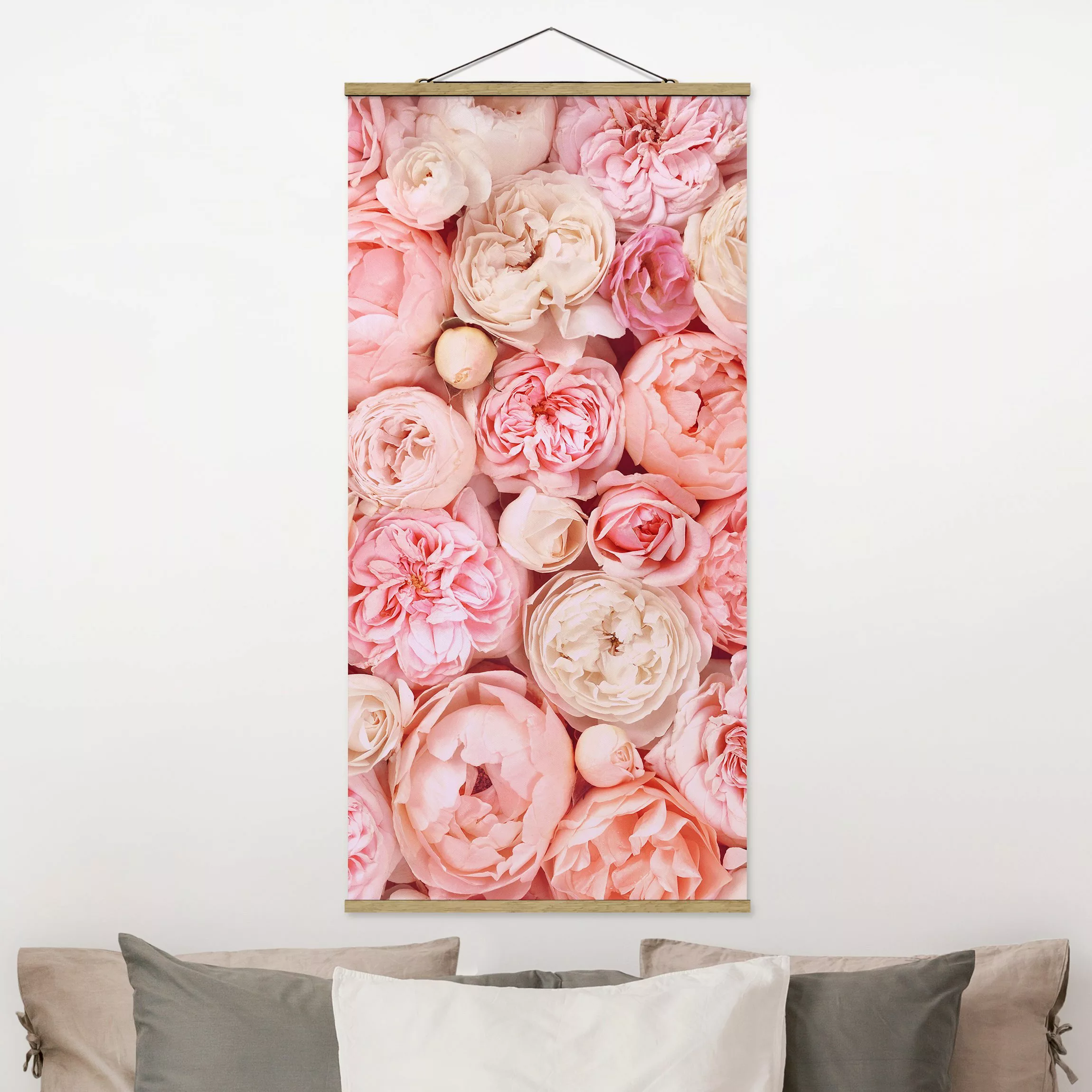 Stoffbild Blumen mit Posterleisten - Hochformat Rosen Rosé Koralle Shabby günstig online kaufen