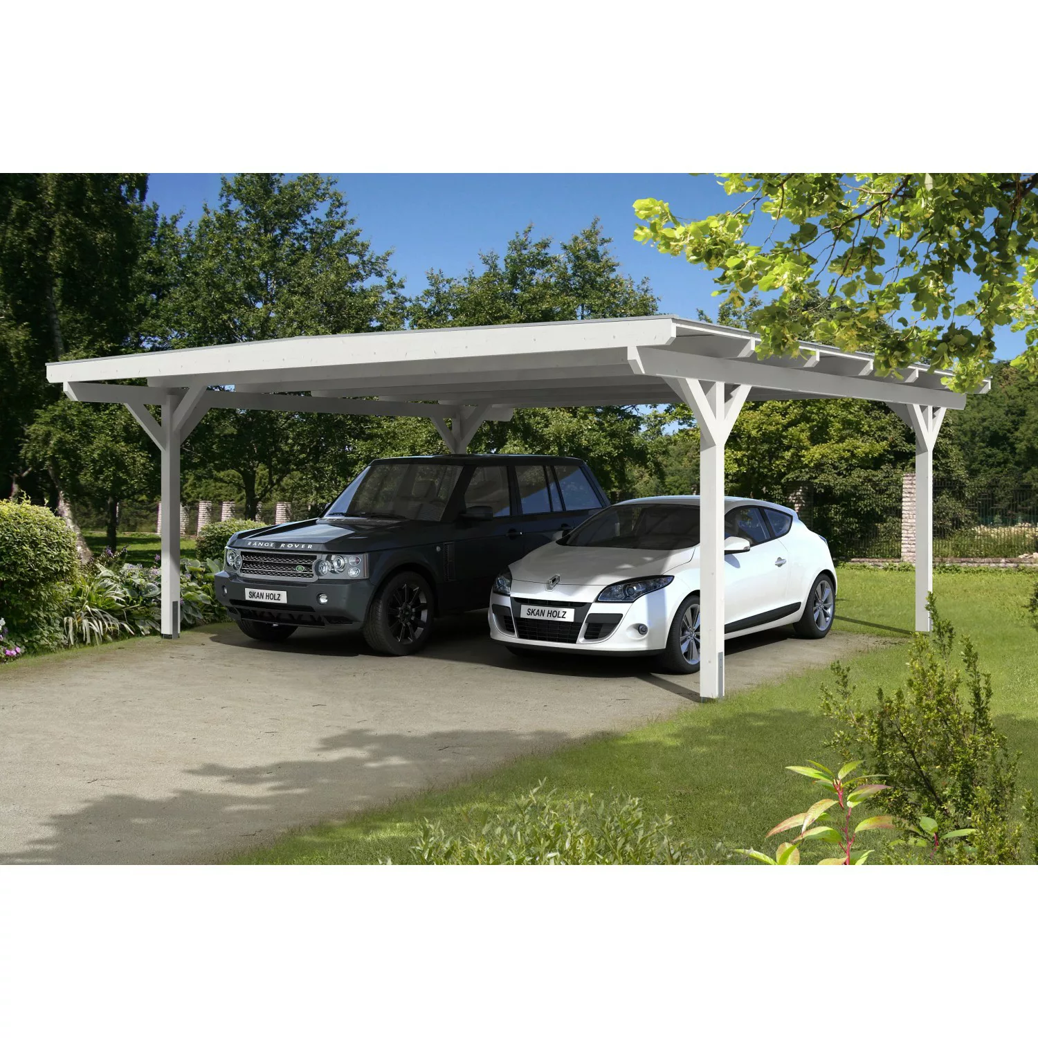 Skan Holz Carport Odenwald 640 cm x 648 cm gerade Kopfbänder Weiß günstig online kaufen