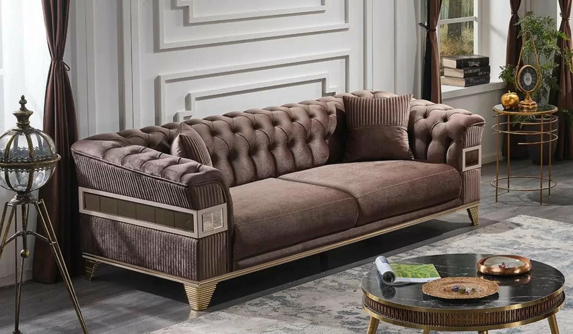 JVmoebel Chesterfield-Sofa Braun Sofa 3 Sitzer Wohnzimmer Chesterfield Pols günstig online kaufen