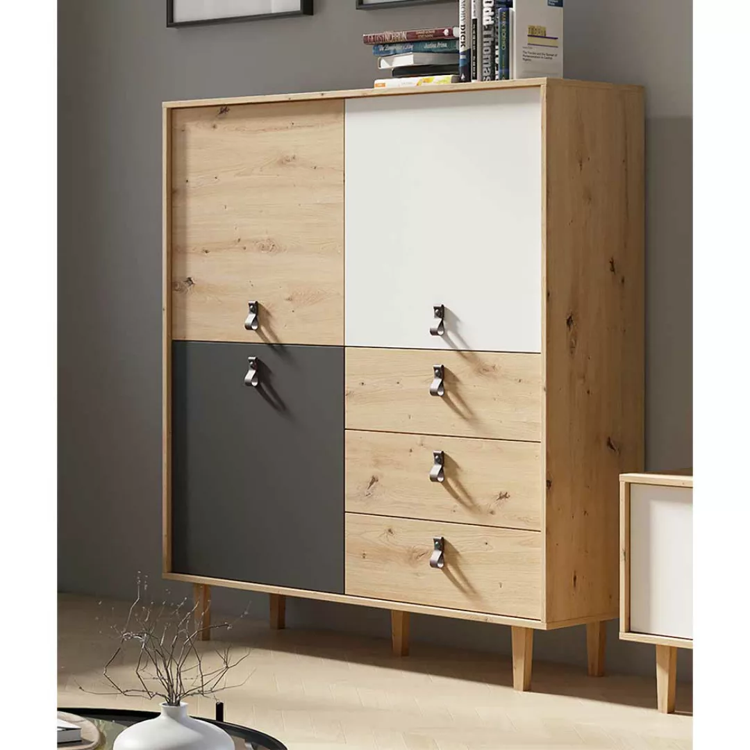 Kompakter Wohnzimmer Schrank im Skandi Design 135 cm hoch günstig online kaufen