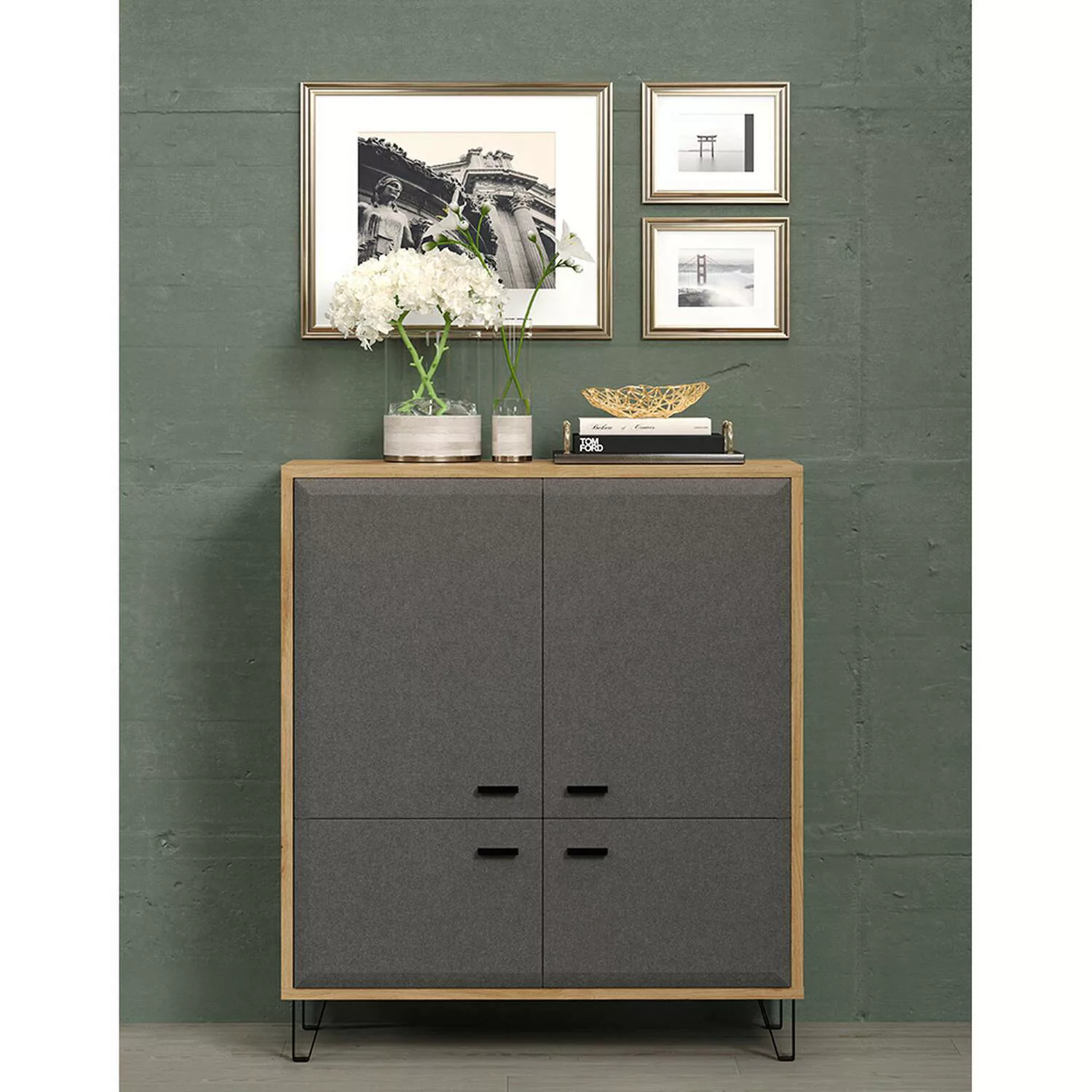 Lomadox Highboard in Filzoptik grau BLAIN-19 Korpus in Eiche Navarra Nb., B günstig online kaufen