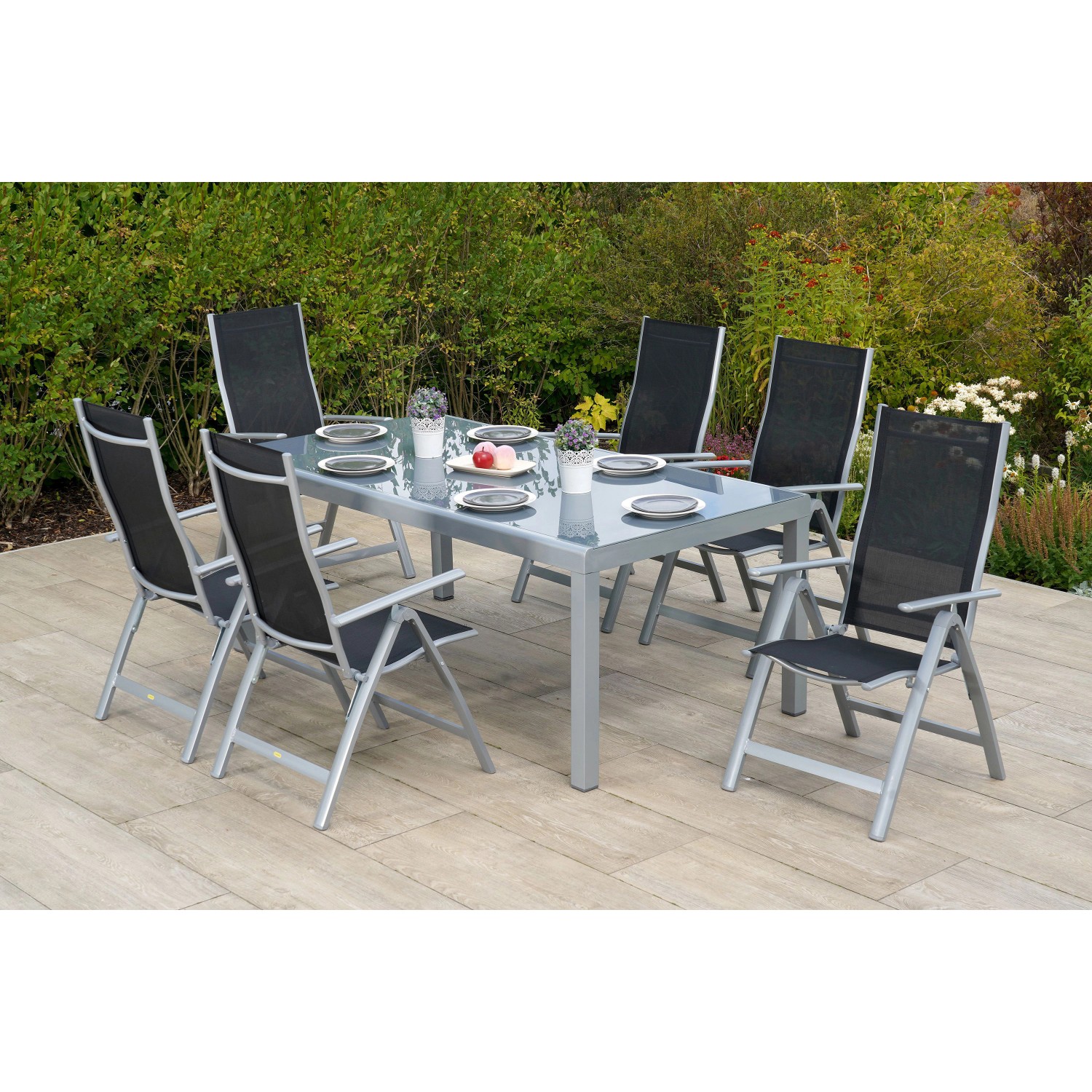 Merxx Carrara Set 7-tlg. 6 Klappsessel Gartentisch 190 x 100 cm Schwarz günstig online kaufen