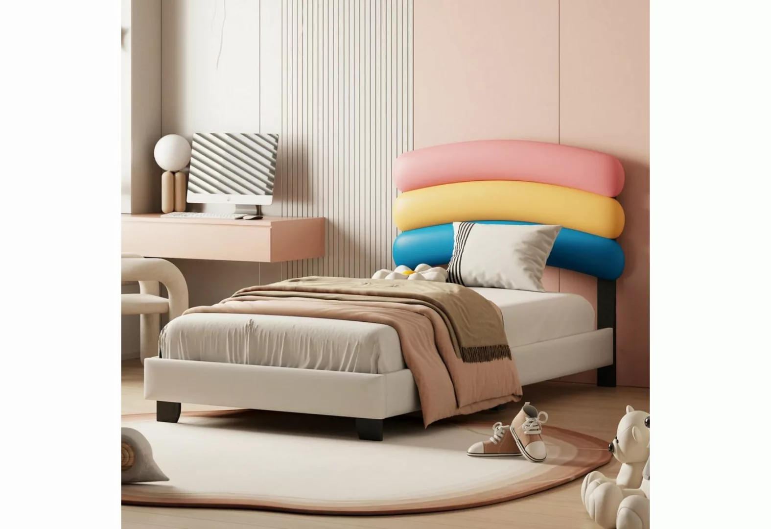 FUROKOY Kinderbett 90x200 cm Regenbogen-Polsterbett mit Lattenrost, PU-Lede günstig online kaufen