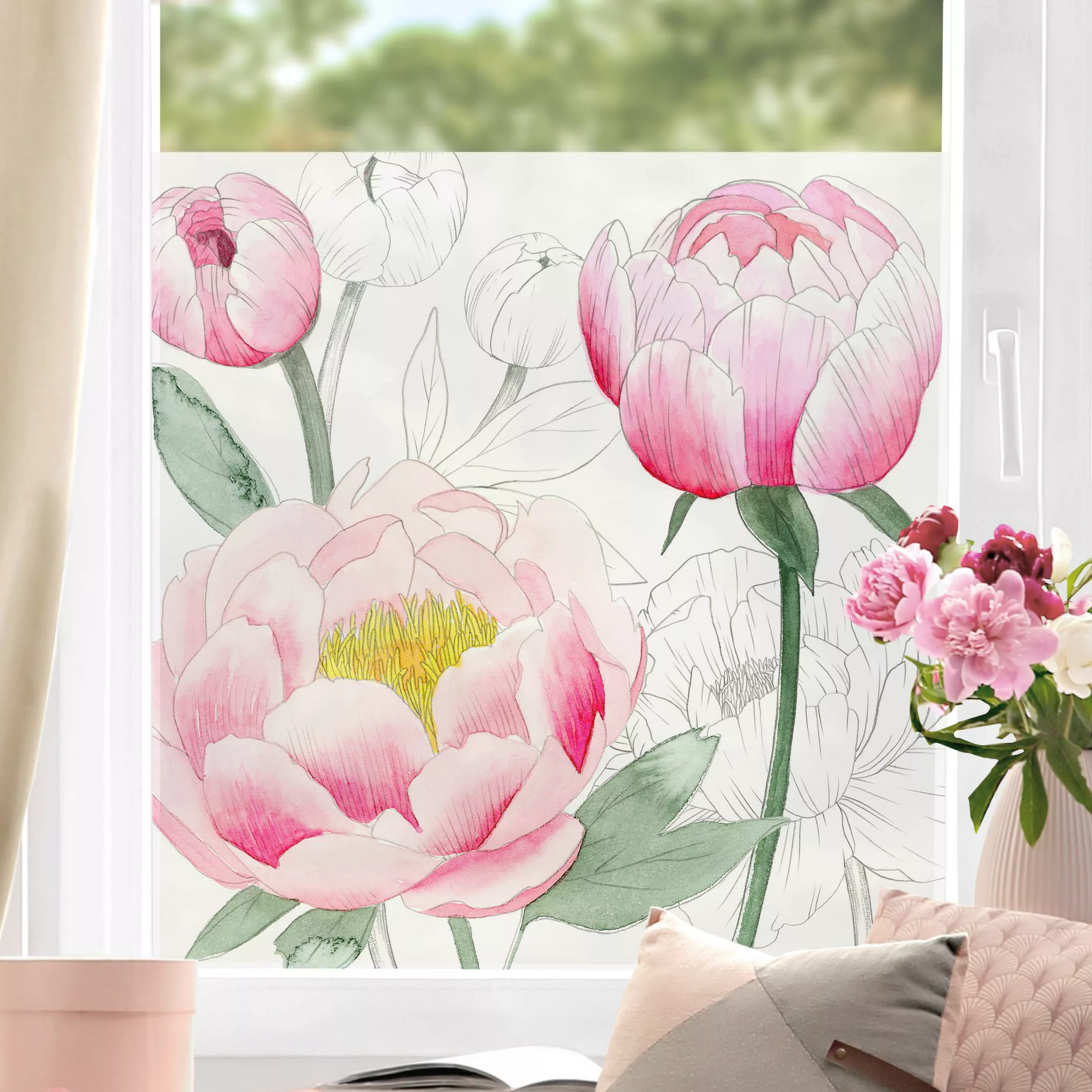 Fensterfolie Zeichnung Rosa Päonien II günstig online kaufen