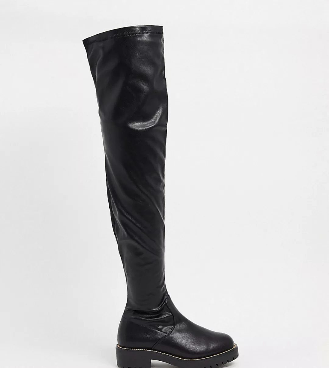 ASOS DESIGN Wide Fit – Kate – Flache, kniehohe Stiefel in Schwarz günstig online kaufen