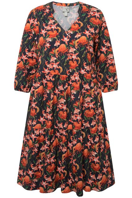 Ulla Popken Jerseykleid Tunikakleid Magnolien A-Linie V-Ausschnitt 3/4-Arm günstig online kaufen