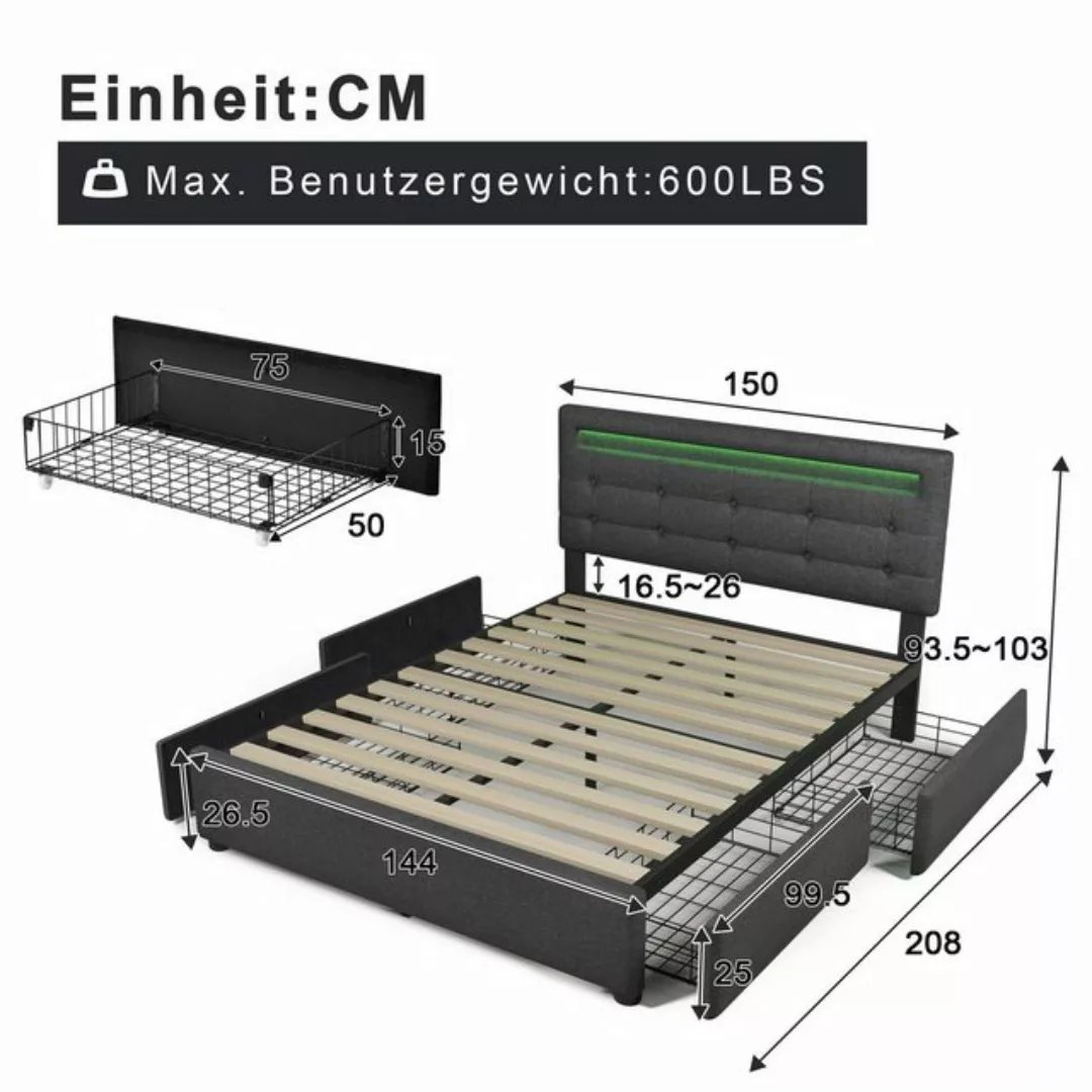 Flieks Polsterbett, LED-Beleuchtung Doppelbett 4 Schubladen Leinen 140x200c günstig online kaufen