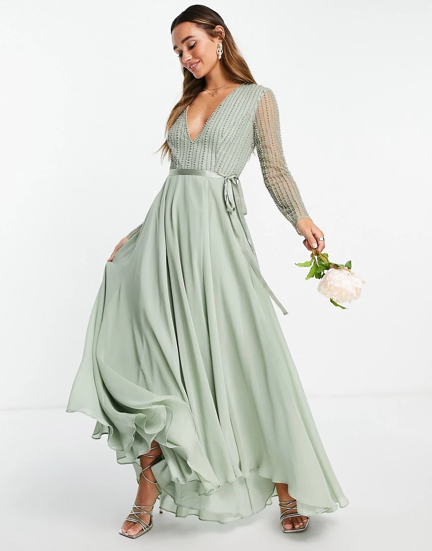 ASOS DESIGN – Bridesmaids – Maxikleid mit Wickelrock und linear verziertem günstig online kaufen