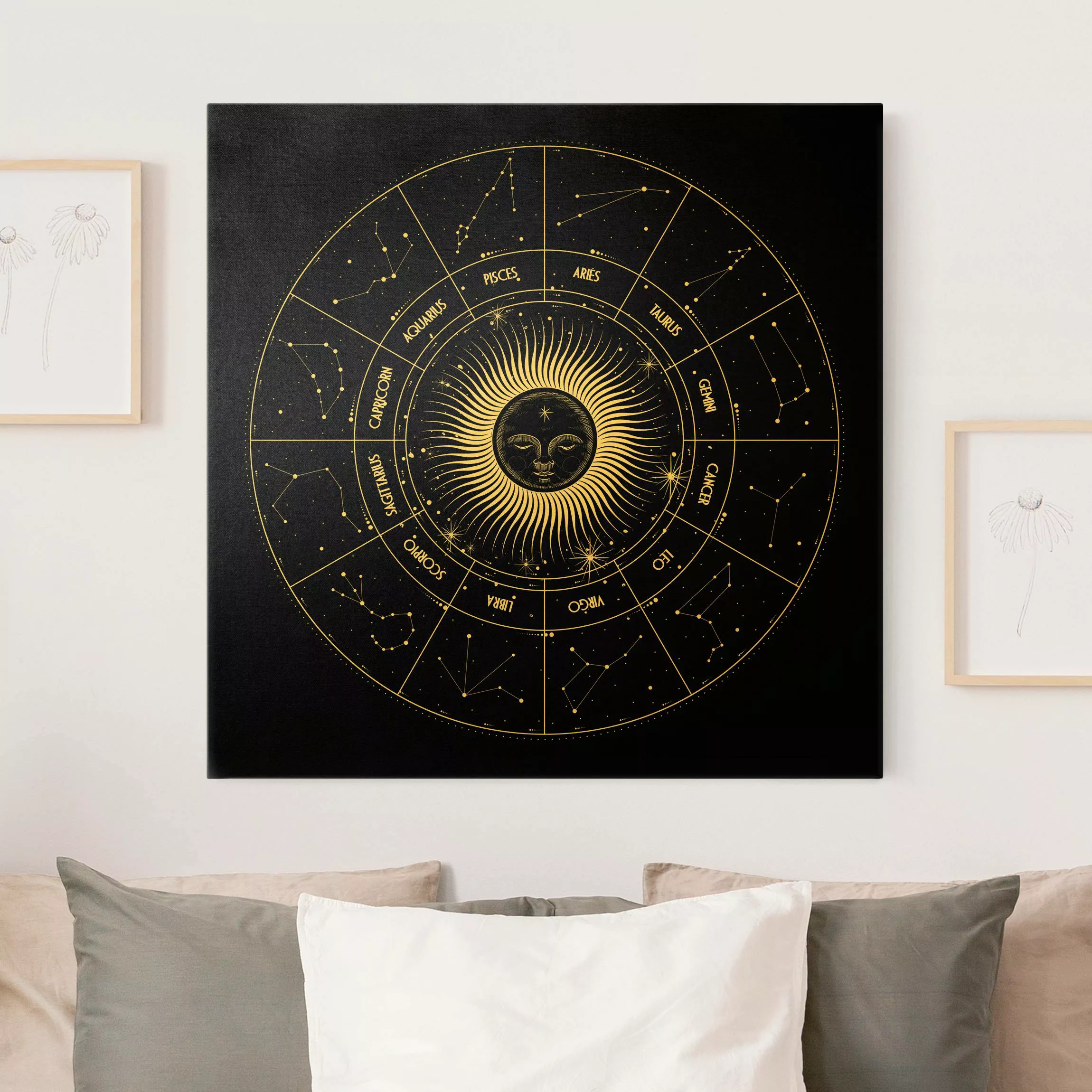 Leinwandbild Gold Astrologie Sternzeichen im Sonnenkreis Schwarz günstig online kaufen