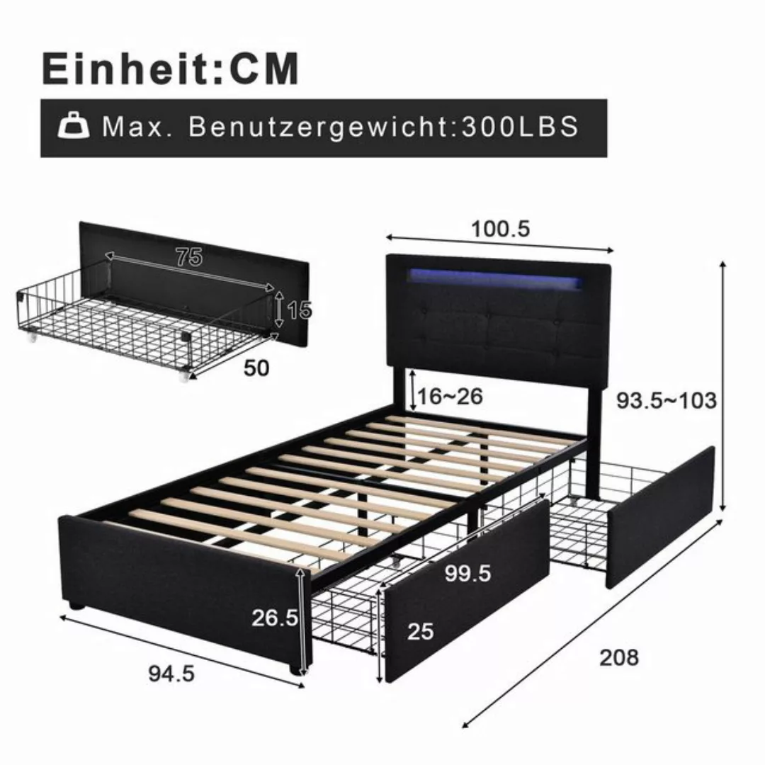 Flieks Polsterbett, Leinen Einzelbett 90x200cm mit Matratze und 2 Schublade günstig online kaufen