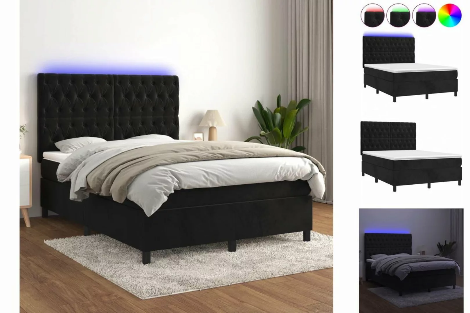 vidaXL Bettgestell Boxspringbett mit Matratze LED Schwarz 140x200 cm Samt B günstig online kaufen