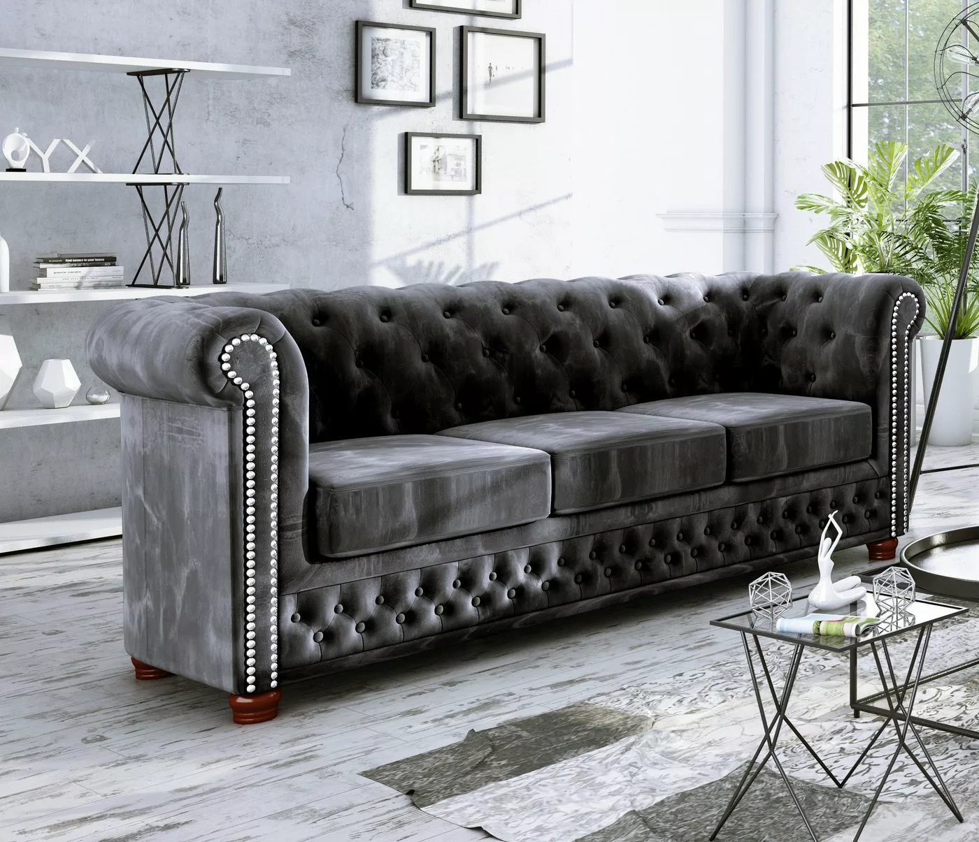 S-Style Möbel Chesterfield-Sofa Leeds 3-Sitzer aus Samt-Stoff mit Holzfüßen günstig online kaufen